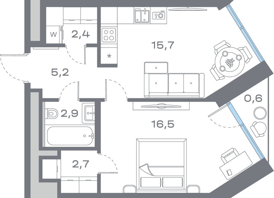 1 комн. квартира, 45.9 м², 8 этаж 