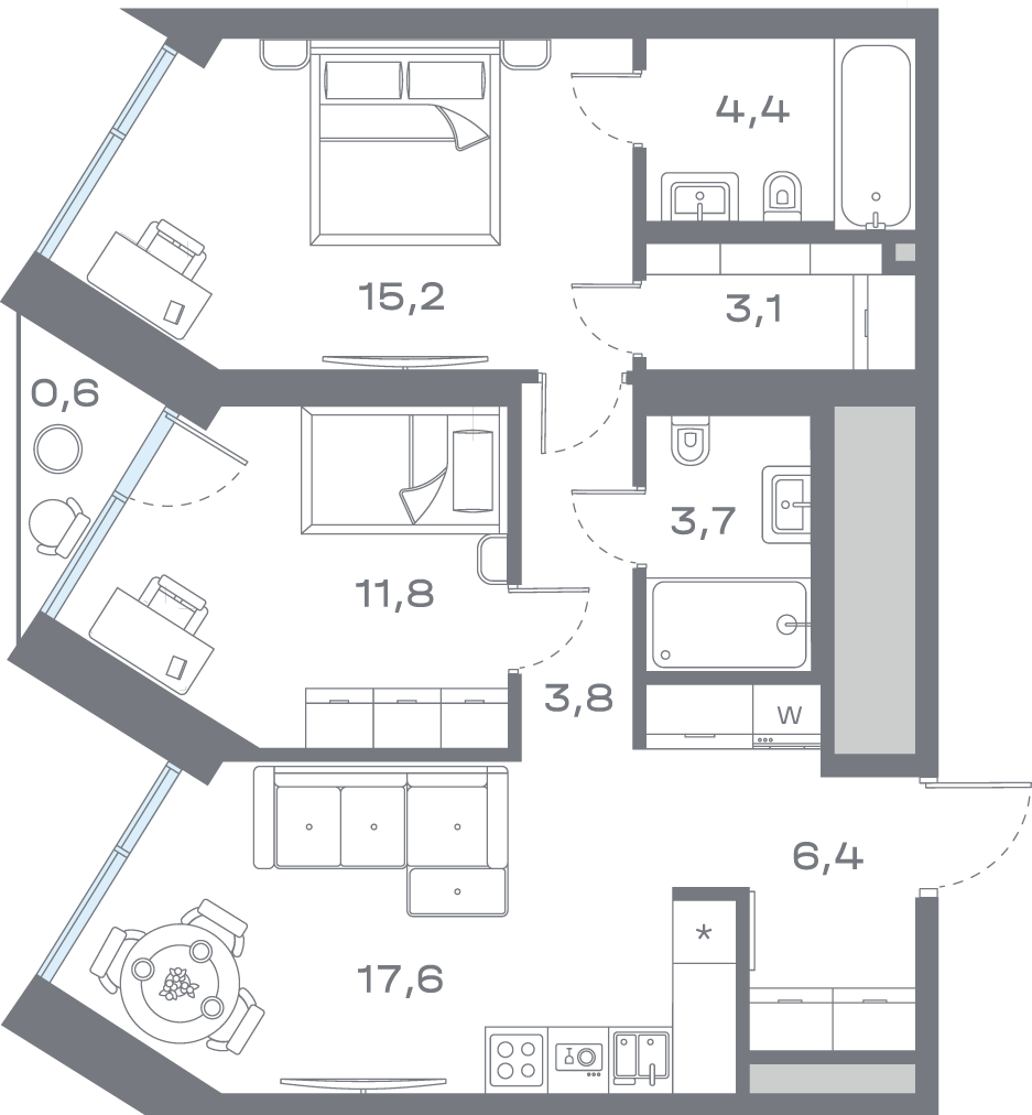 2 комн. квартира, 66.6 м², 10 этаж 