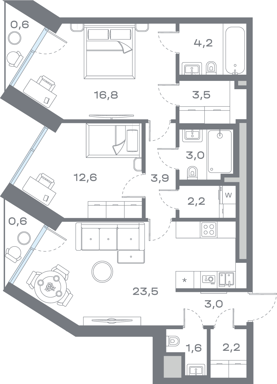 2 комн. квартира, 77.4 м², 12 этаж 