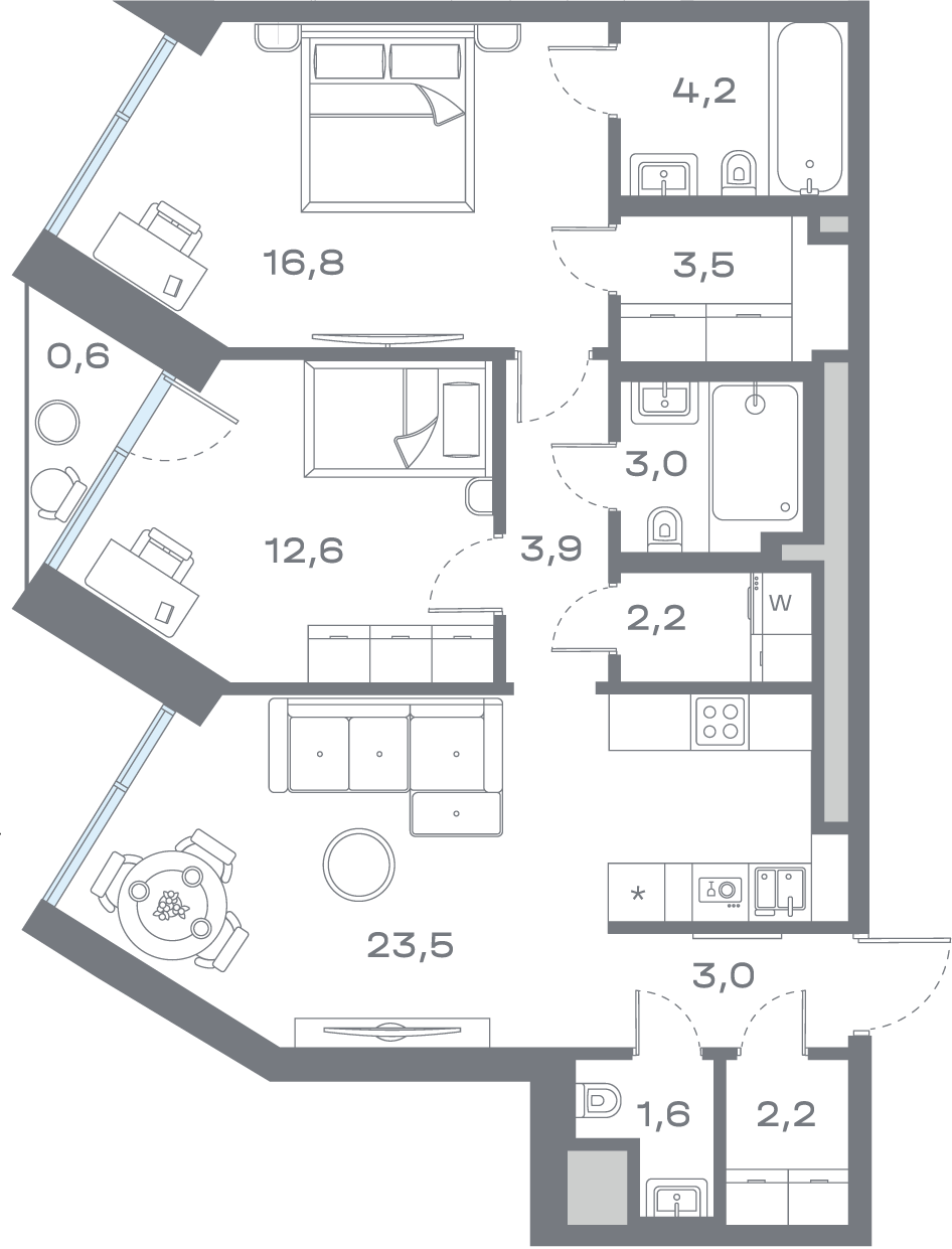 2 комн. квартира, 76.9 м², 23 этаж 
