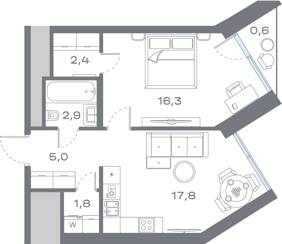 1 комн. квартира, 46.7 м², 23 этаж 