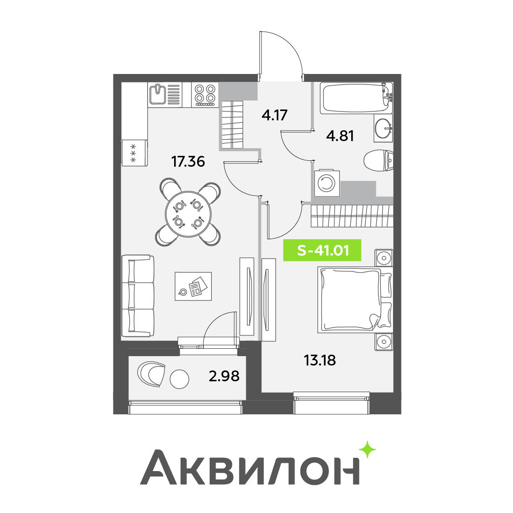 2 комн. квартира, 41 м², 6 этаж 