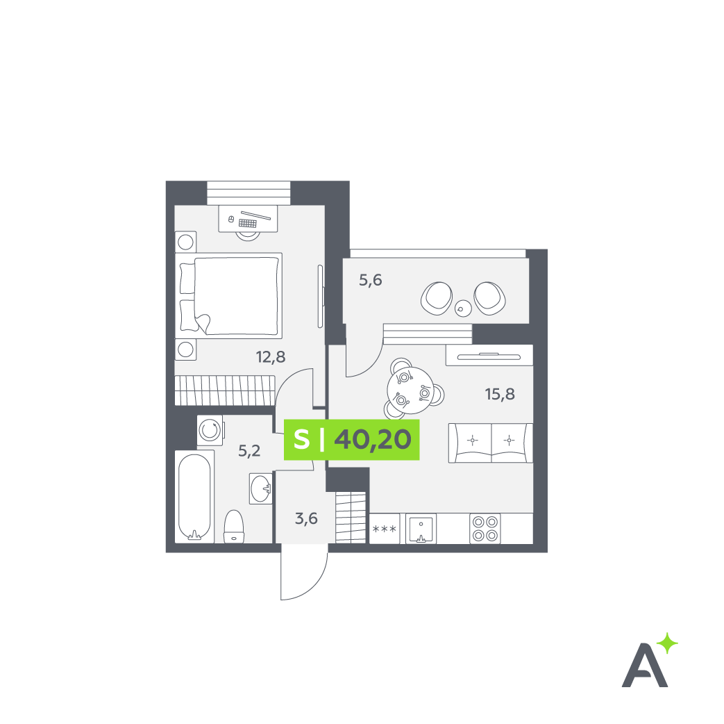 2 комн. квартира, 40.2 м², 7 этаж 