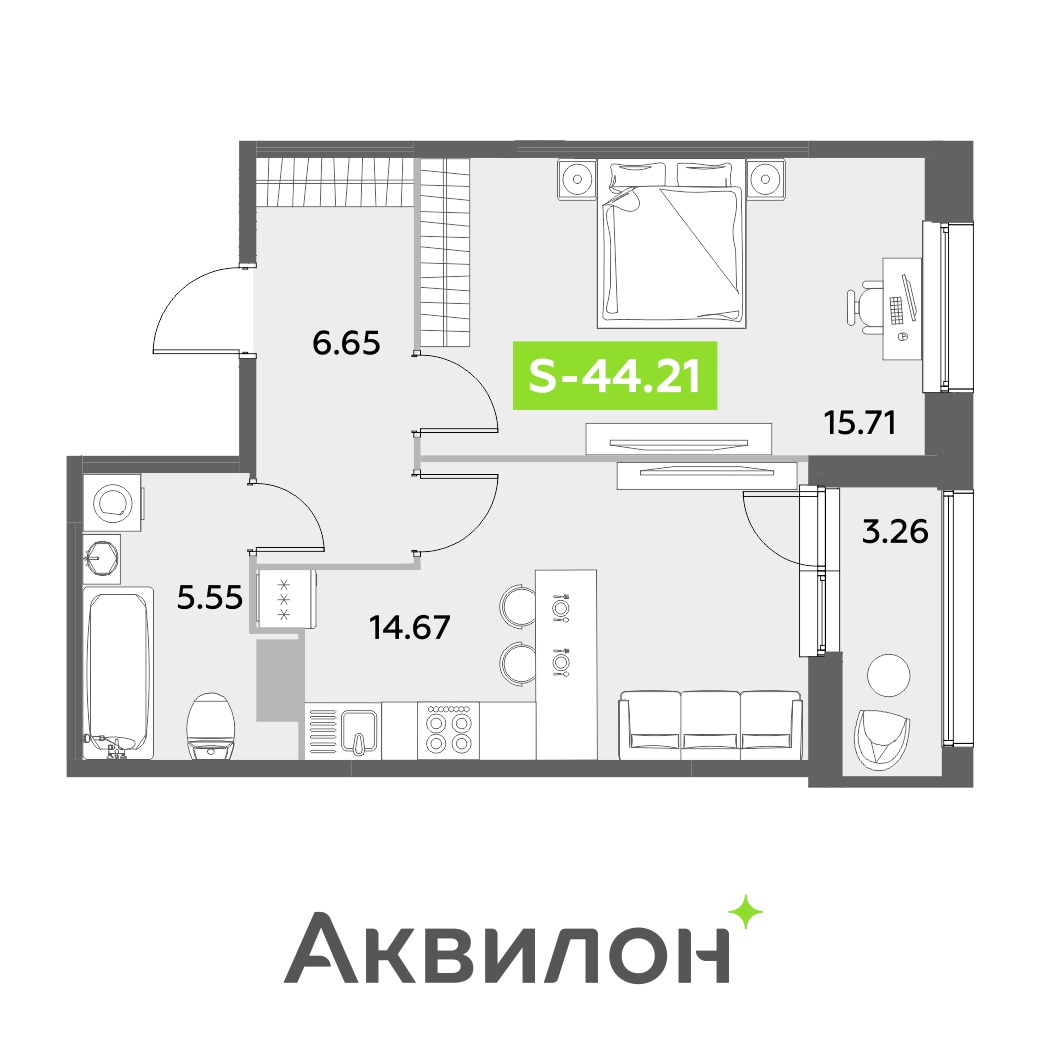 2 комн. квартира, 44.2 м², 2 этаж 
