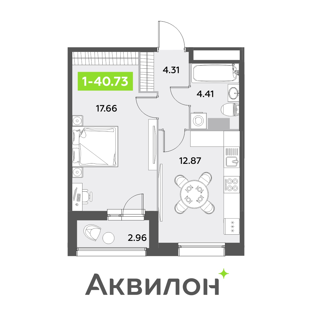 1 комн. квартира, 40.7 м², 8 этаж 