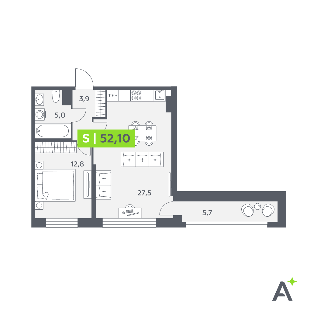 2 комн. квартира, 52.1 м², 12 этаж 