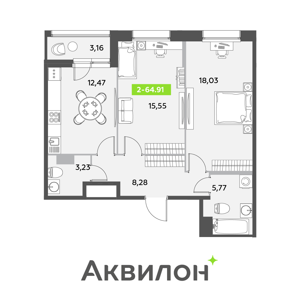 2 комн. квартира, 64.9 м², 10 этаж 