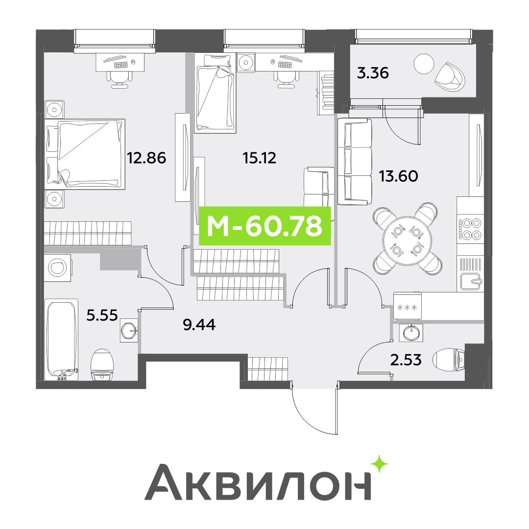 3 комн. квартира, 60.8 м², 12 этаж 