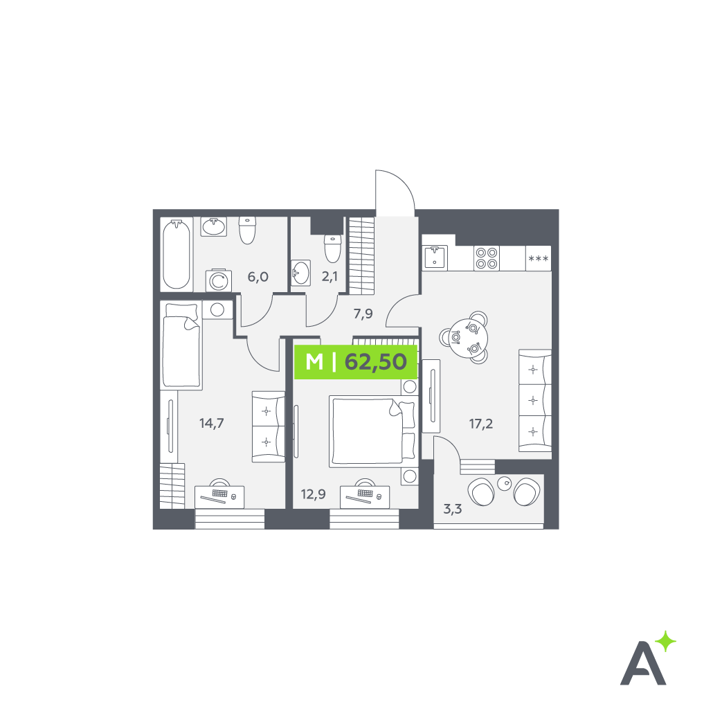 3 комн. квартира, 62.5 м², 12 этаж 
