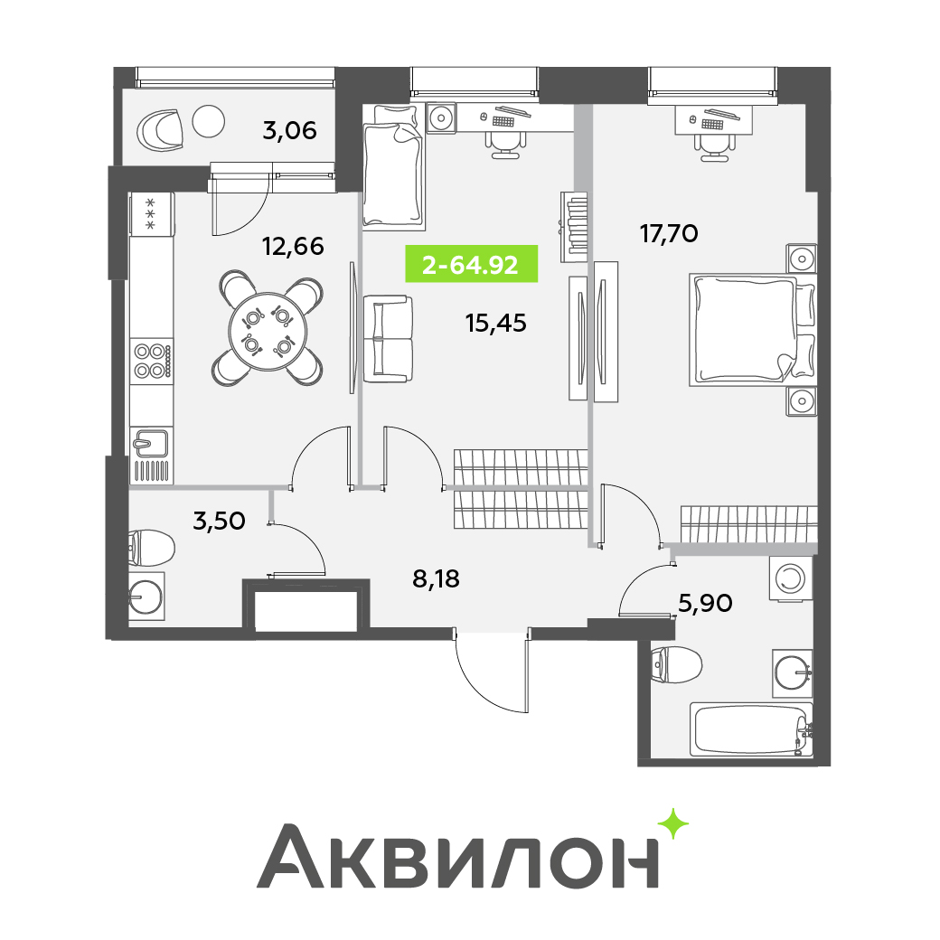2 комн. квартира, 64.9 м², 1 этаж 