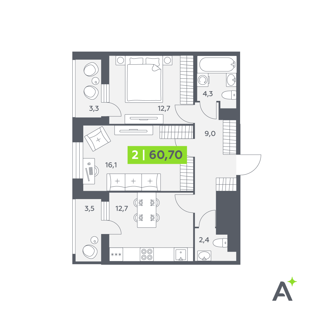 2 комн. квартира, 60.7 м², 7 этаж 