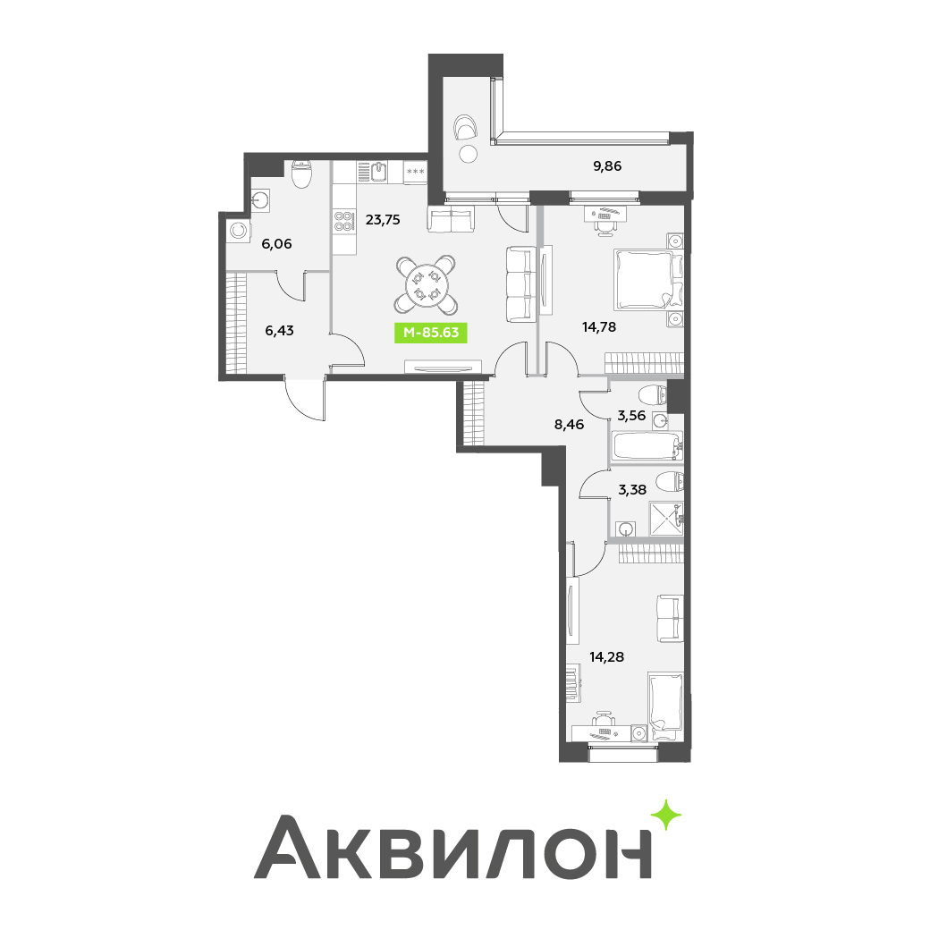 3 комн. квартира, 85.6 м², 6 этаж 