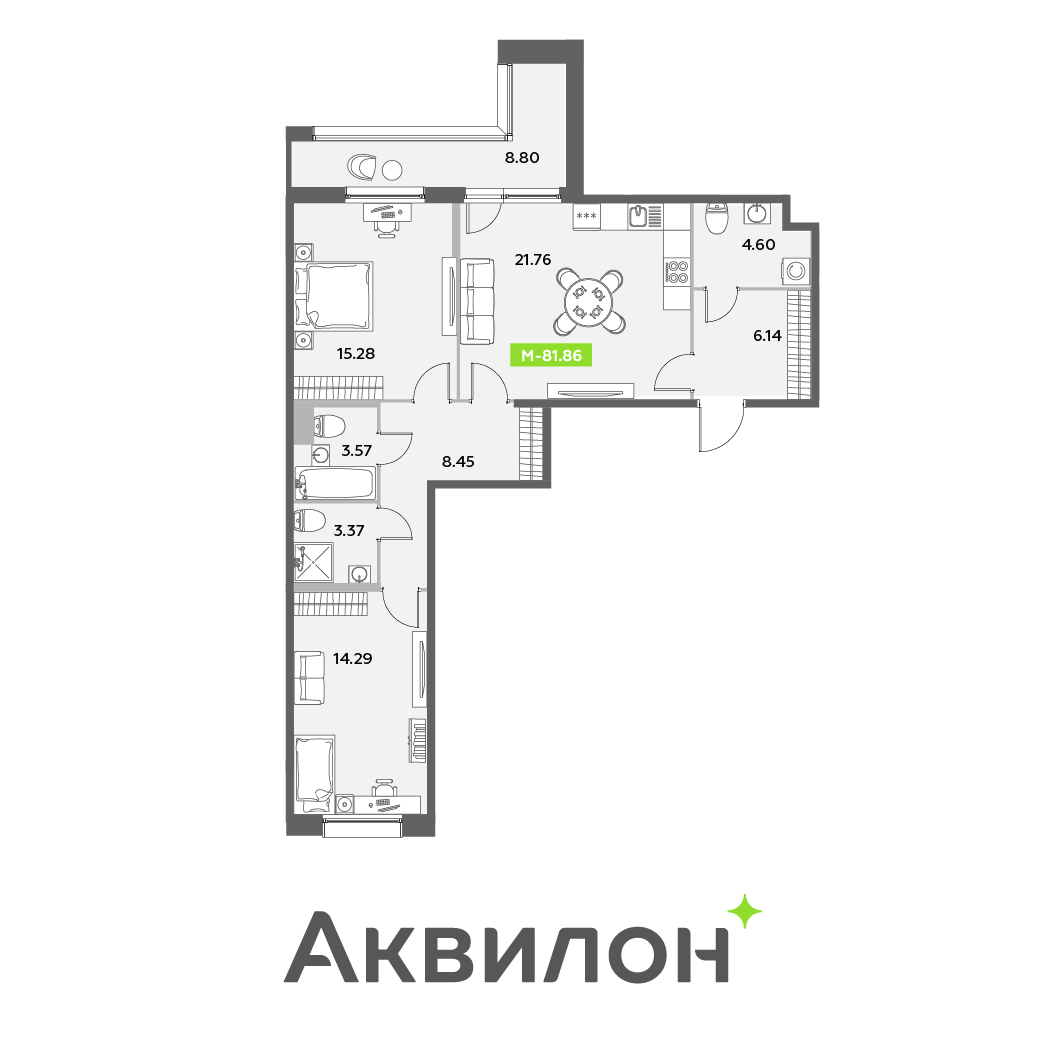 3 комн. квартира, 81.9 м², 7 этаж 