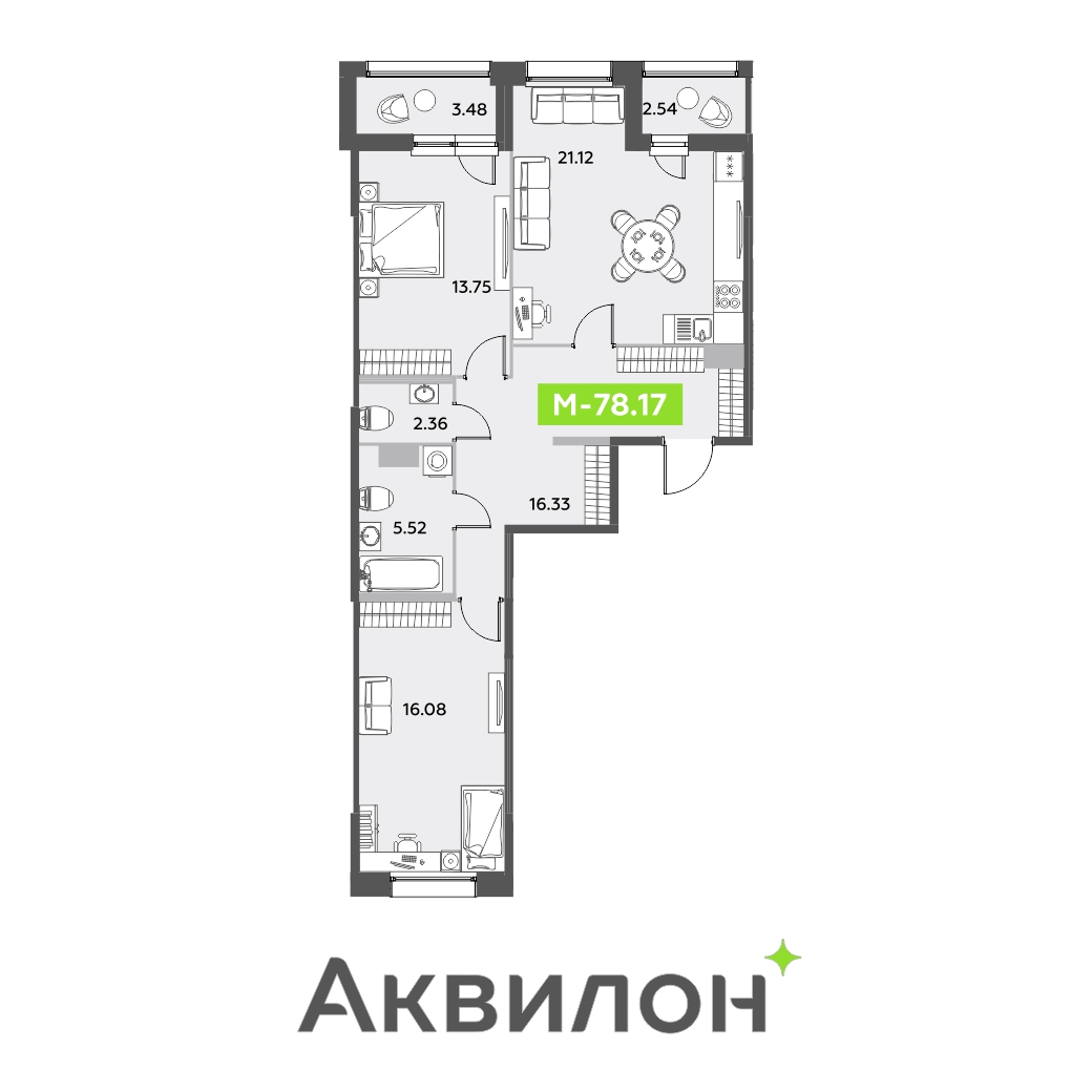 3 комн. квартира, 78.2 м², 11 этаж 
