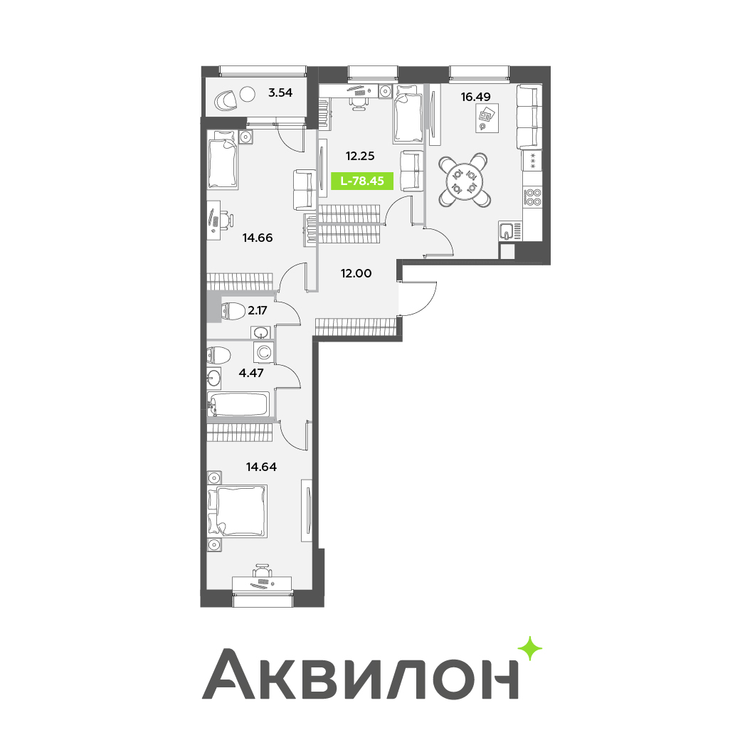 4 комн. квартира, 78.5 м², 7 этаж 
