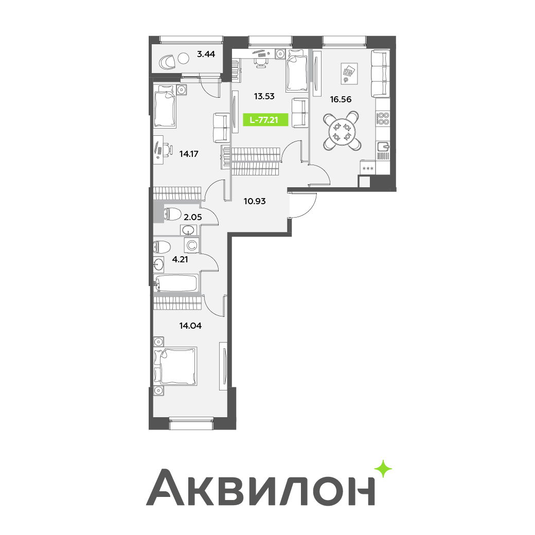4 комн. квартира, 77.2 м², 7 этаж 