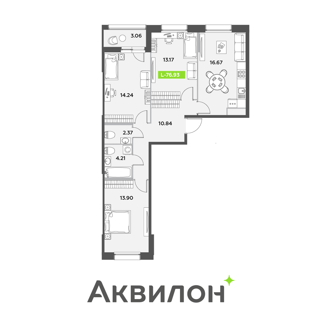 4 комн. квартира, 76.9 м², 1 этаж 