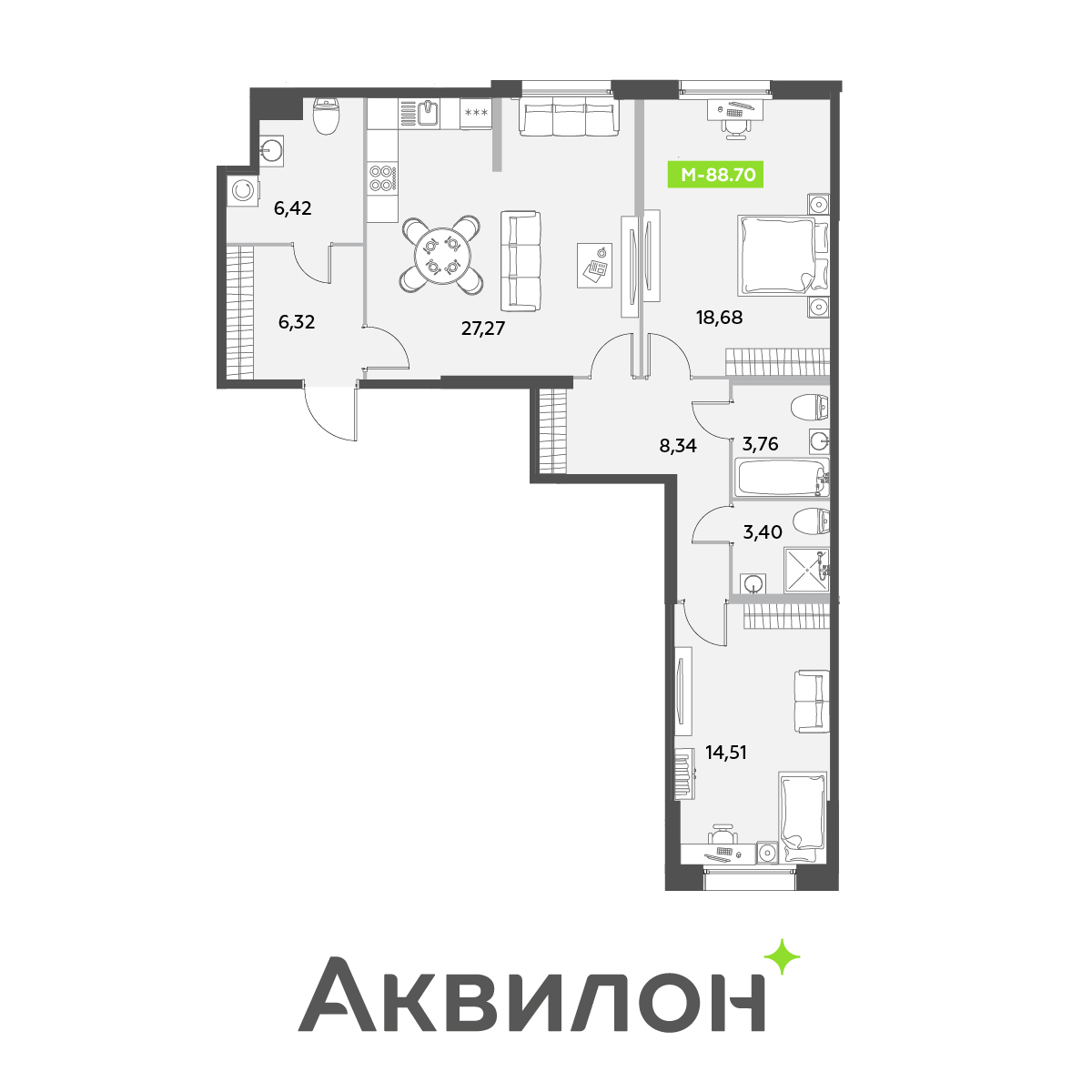 3 комн. квартира, 88.7 м², 1 этаж 
