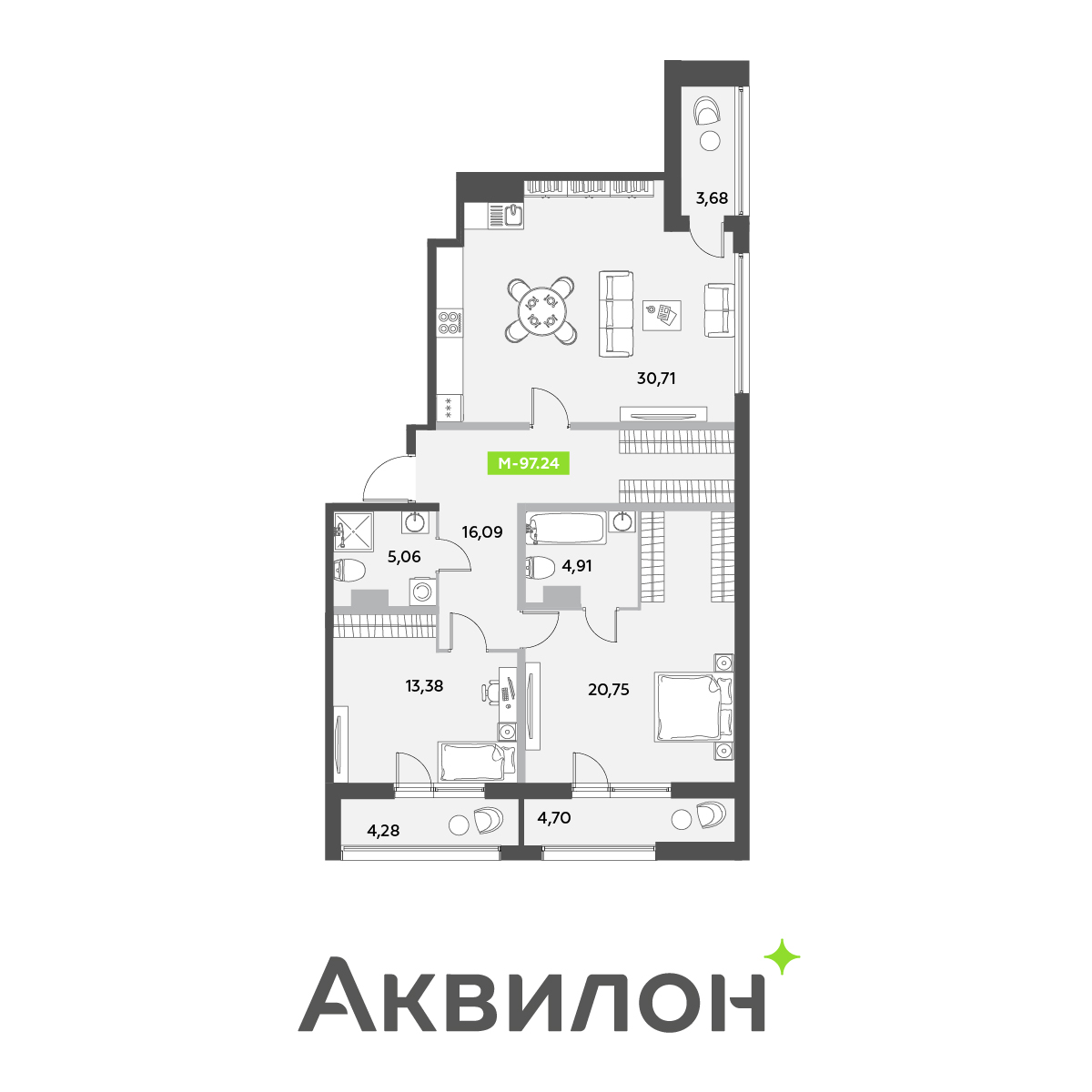3 комн. квартира, 97.2 м², 10 этаж 