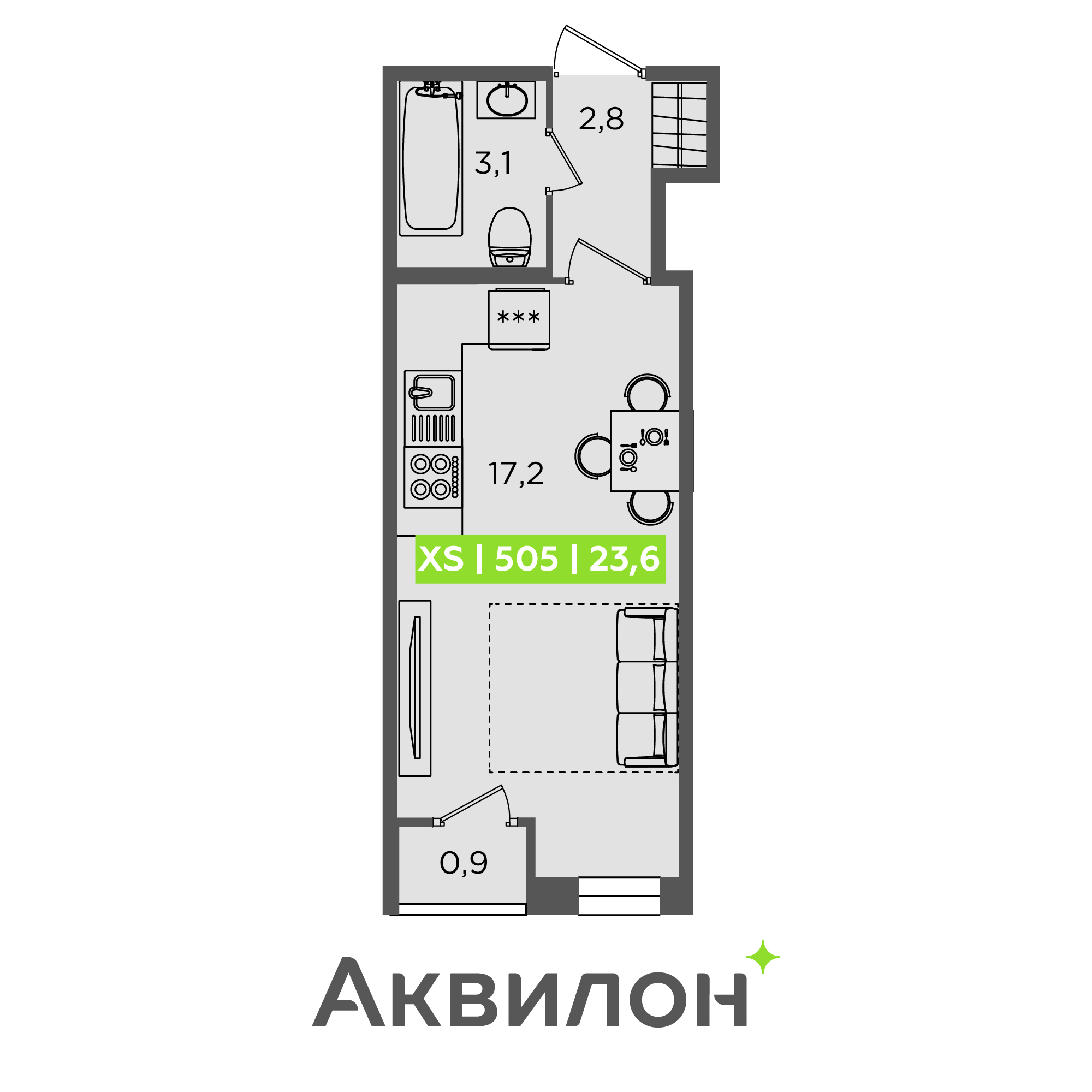 студия, 23.6 м², 1 этаж 