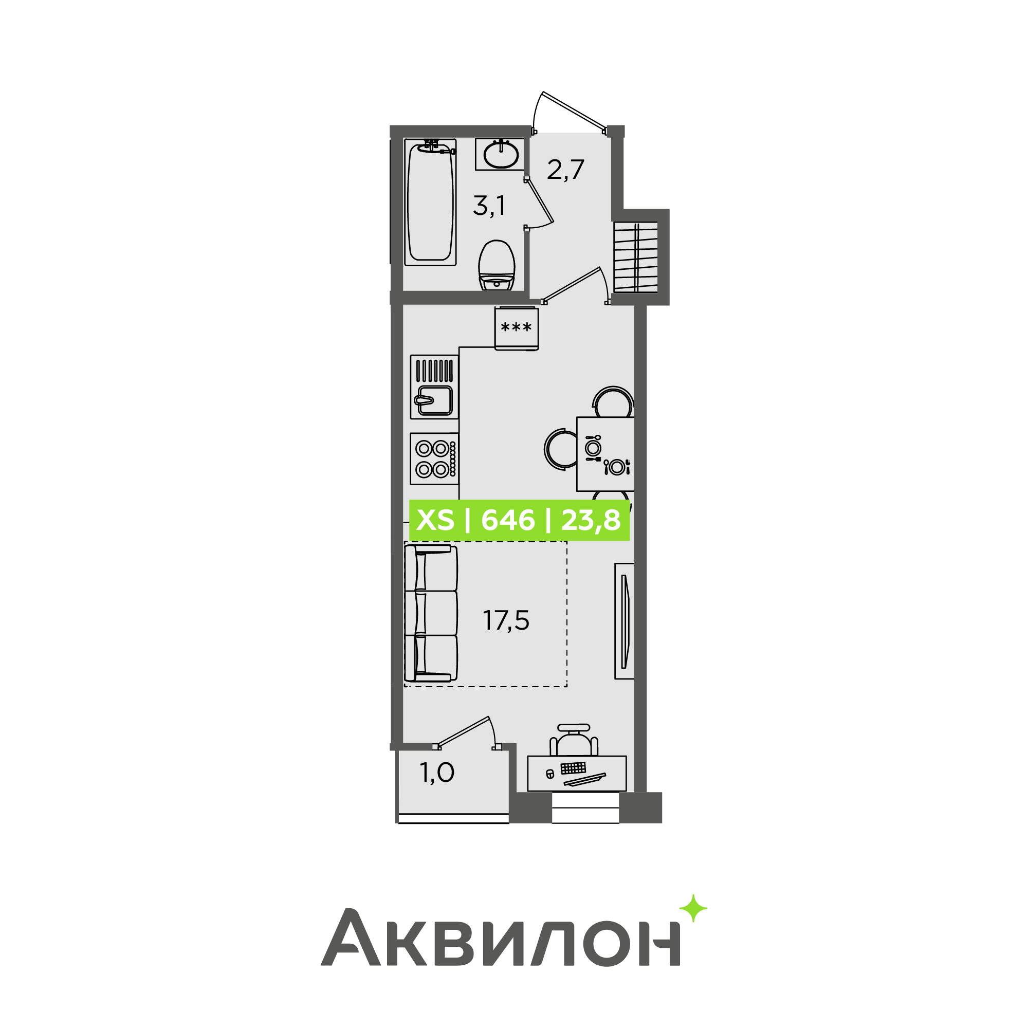 студия, 23.8 м², 1 этаж 
