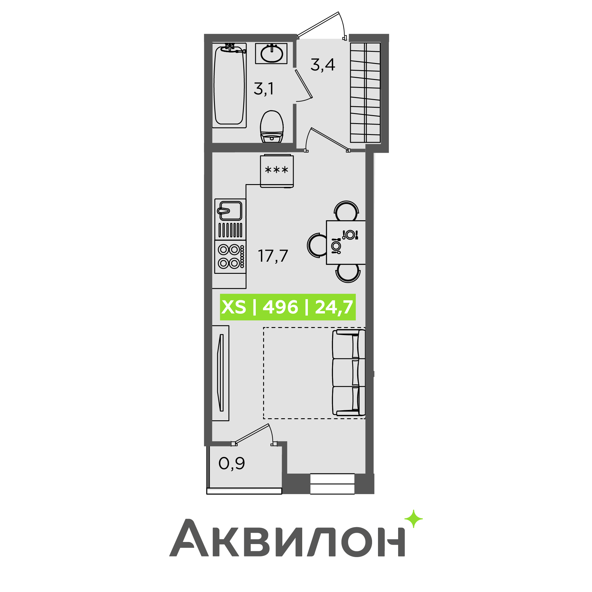 студия, 24.7 м², 1 этаж 
