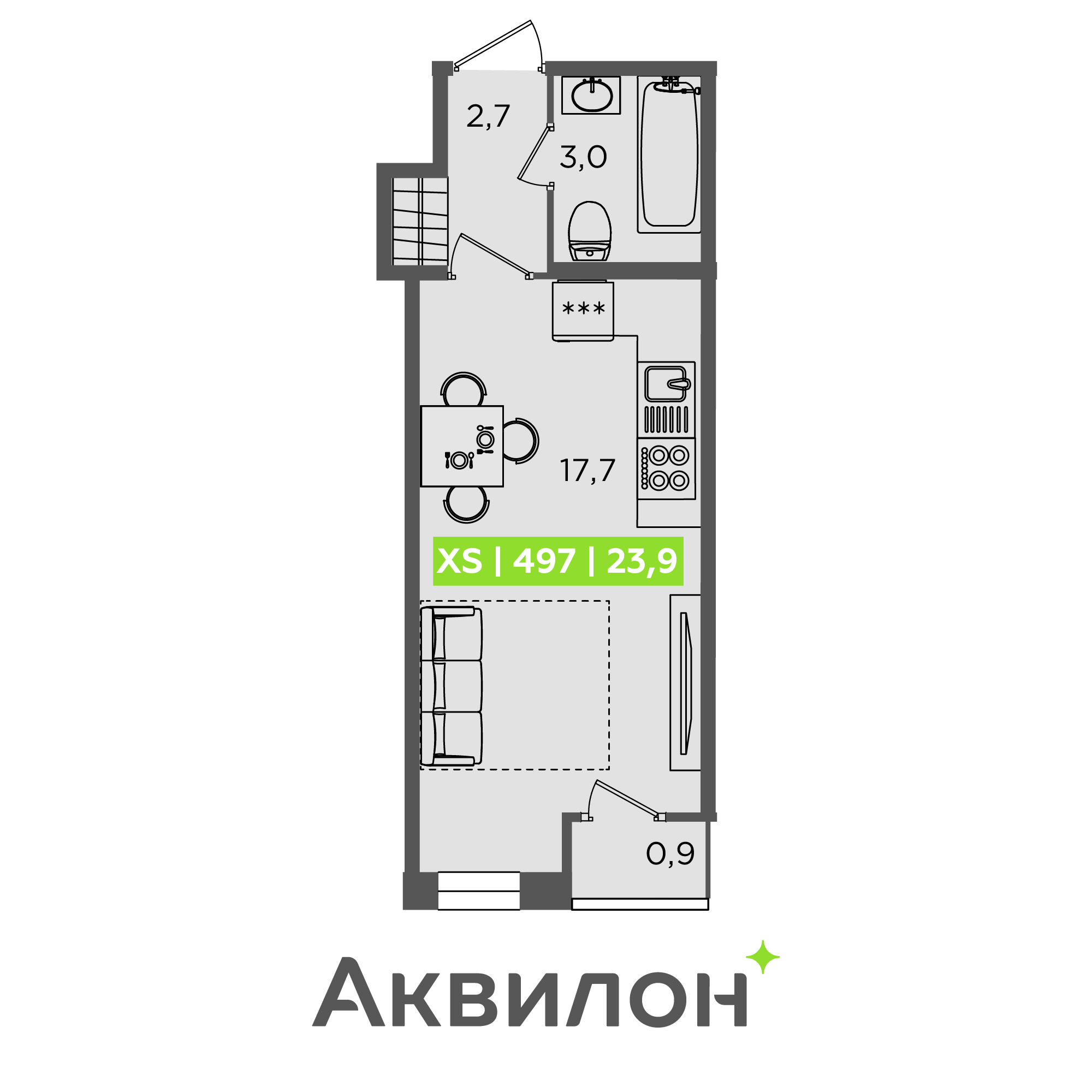 студия, 23.9 м², 1 этаж 
