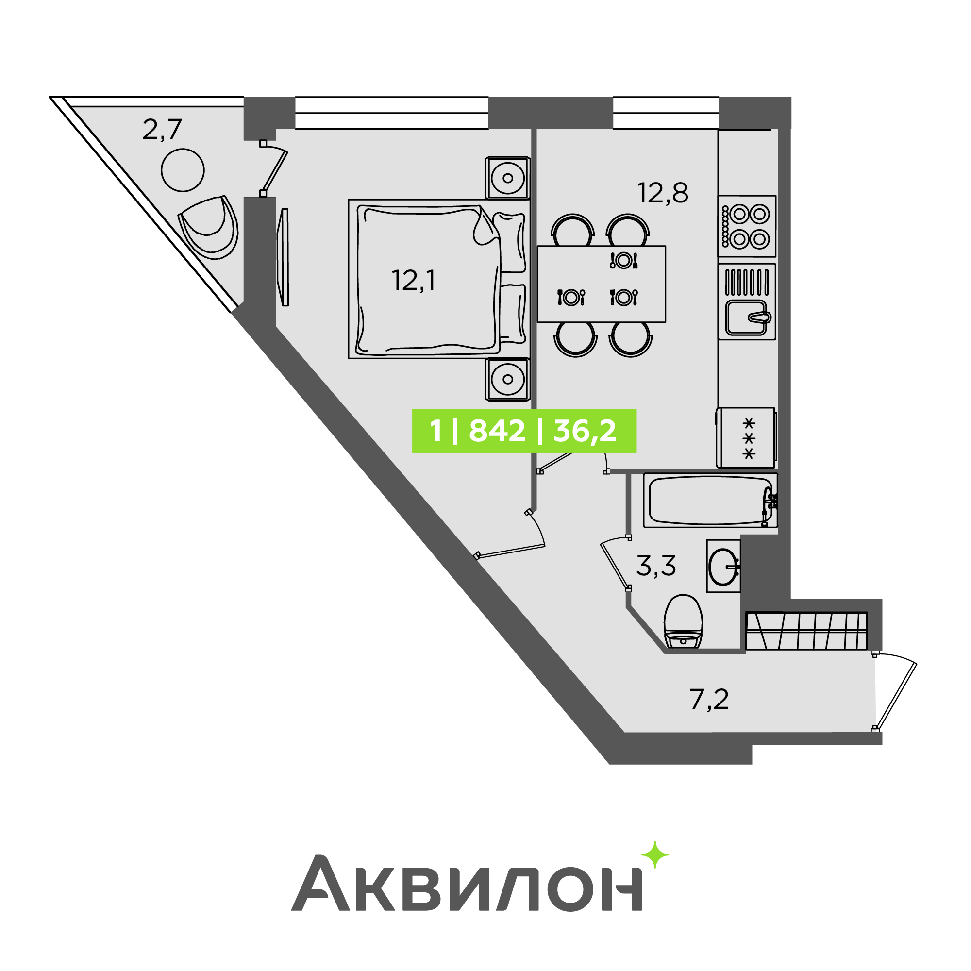 1 комн. квартира, 36.2 м², 13 этаж 