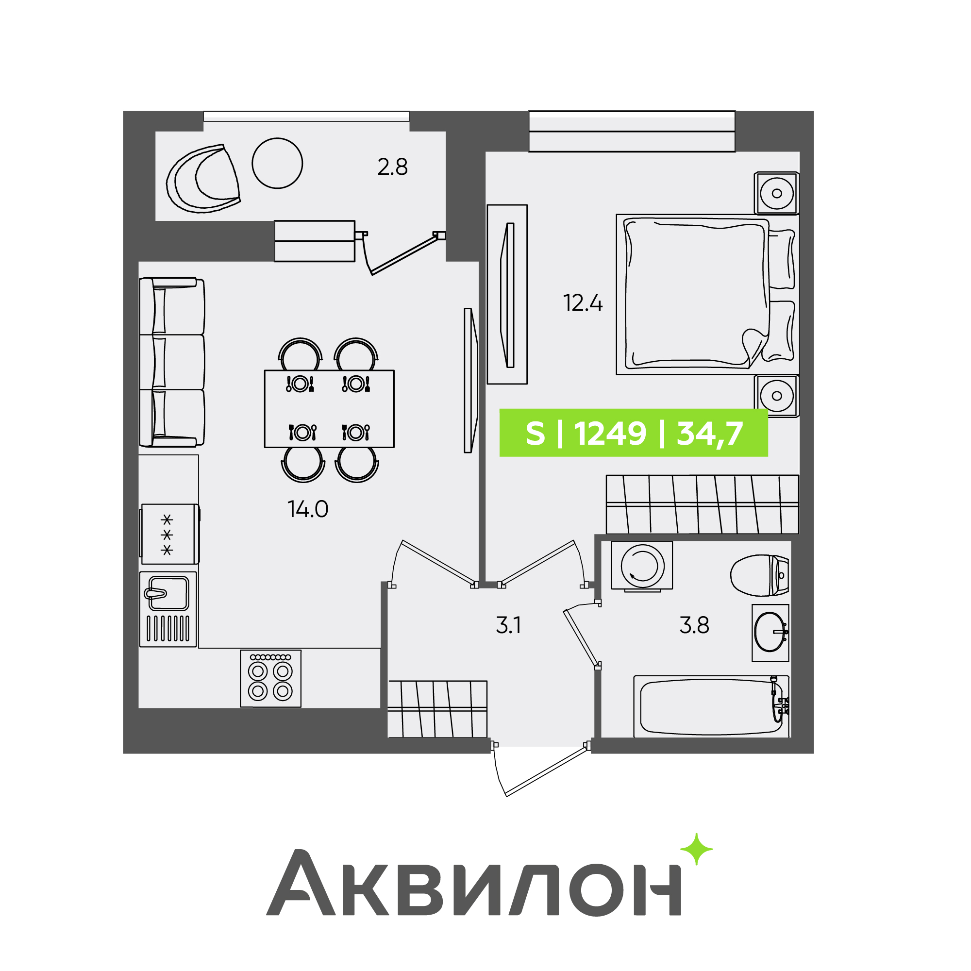 2 комн. квартира, 34.7 м², 1 этаж 