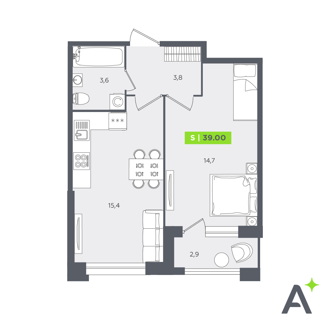 2 комн. квартира, 39 м², 1 этаж 