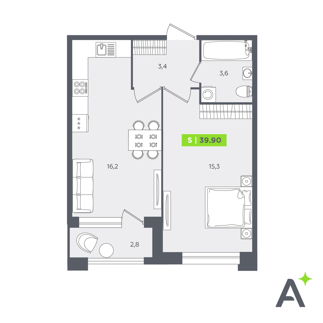 2 комн. квартира, 39.9 м², 1 этаж 
