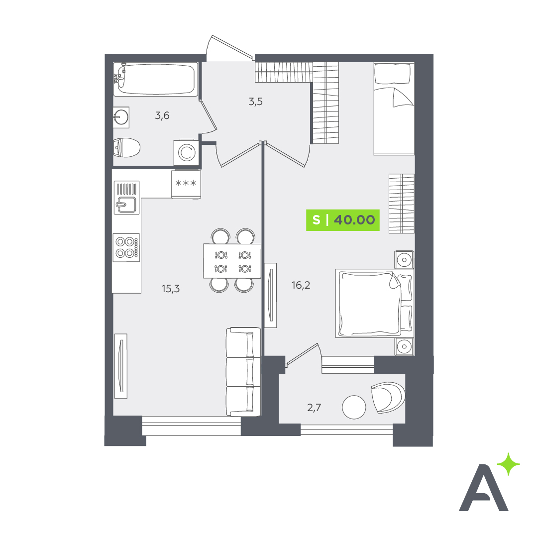 2 комн. квартира, 40 м², 1 этаж 
