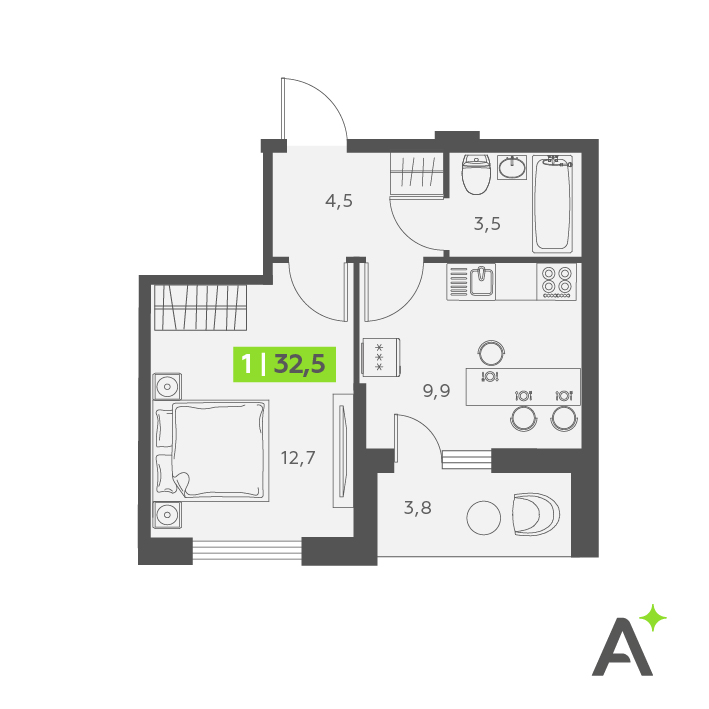 1 комн. квартира, 32.5 м², 1 этаж 