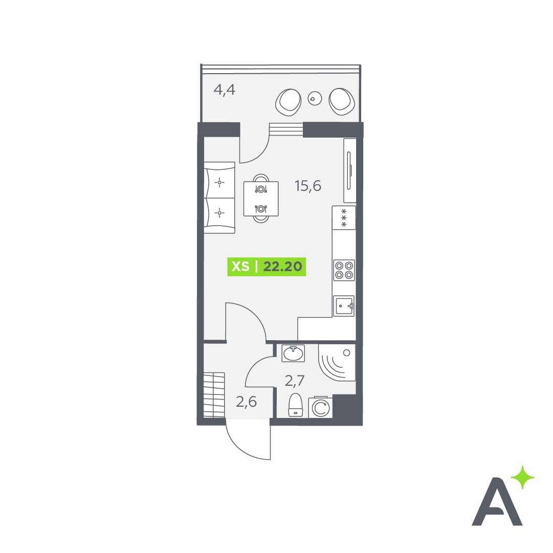 студия, 22.2 м², 1 этаж 