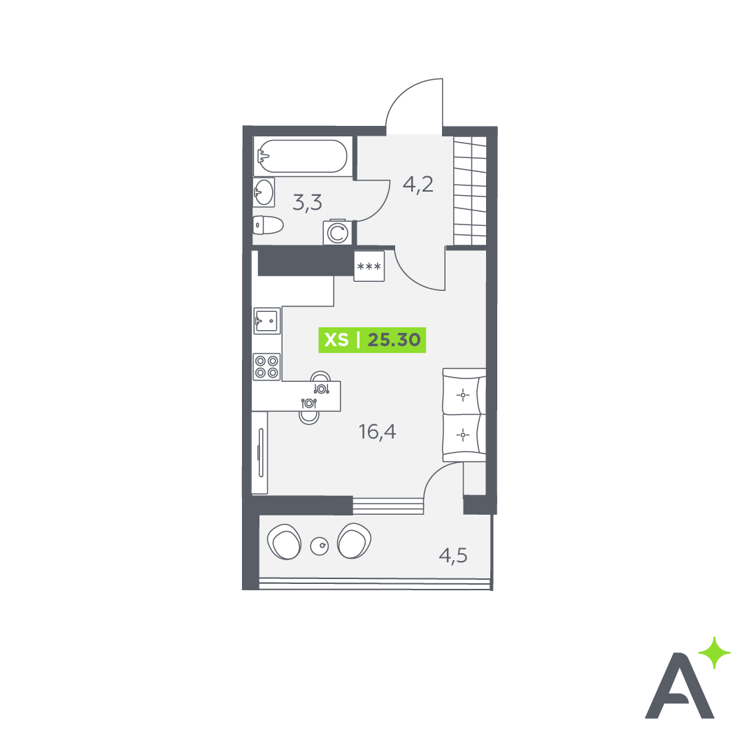 студия, 25.3 м², 9 этаж 