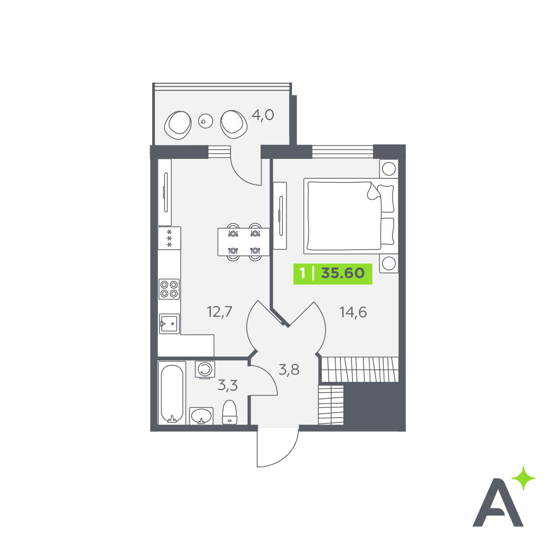 1 комн. квартира, 35.6 м², 1 этаж 