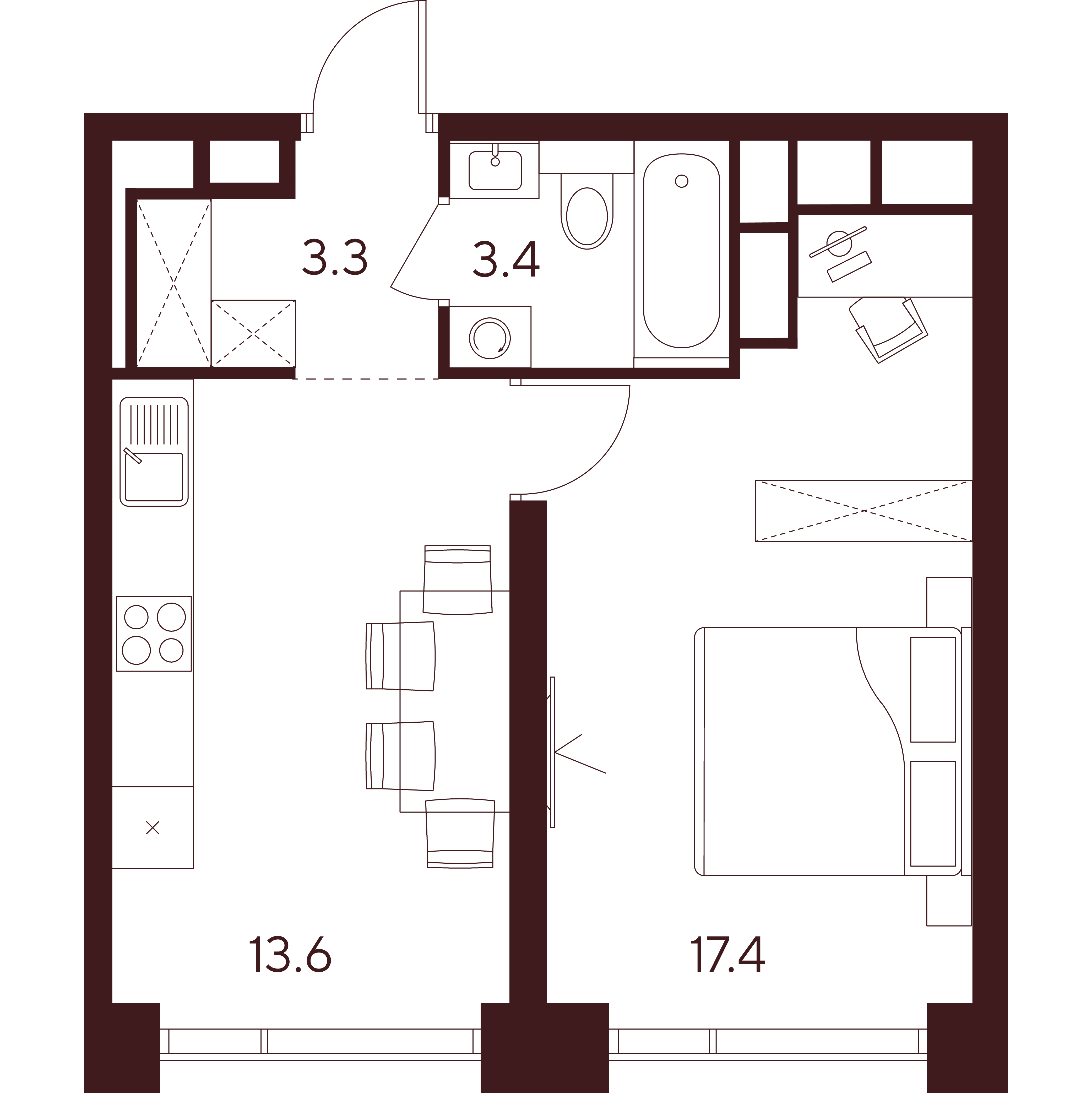 1 комн. квартира, 37.7 м², 51 этаж 