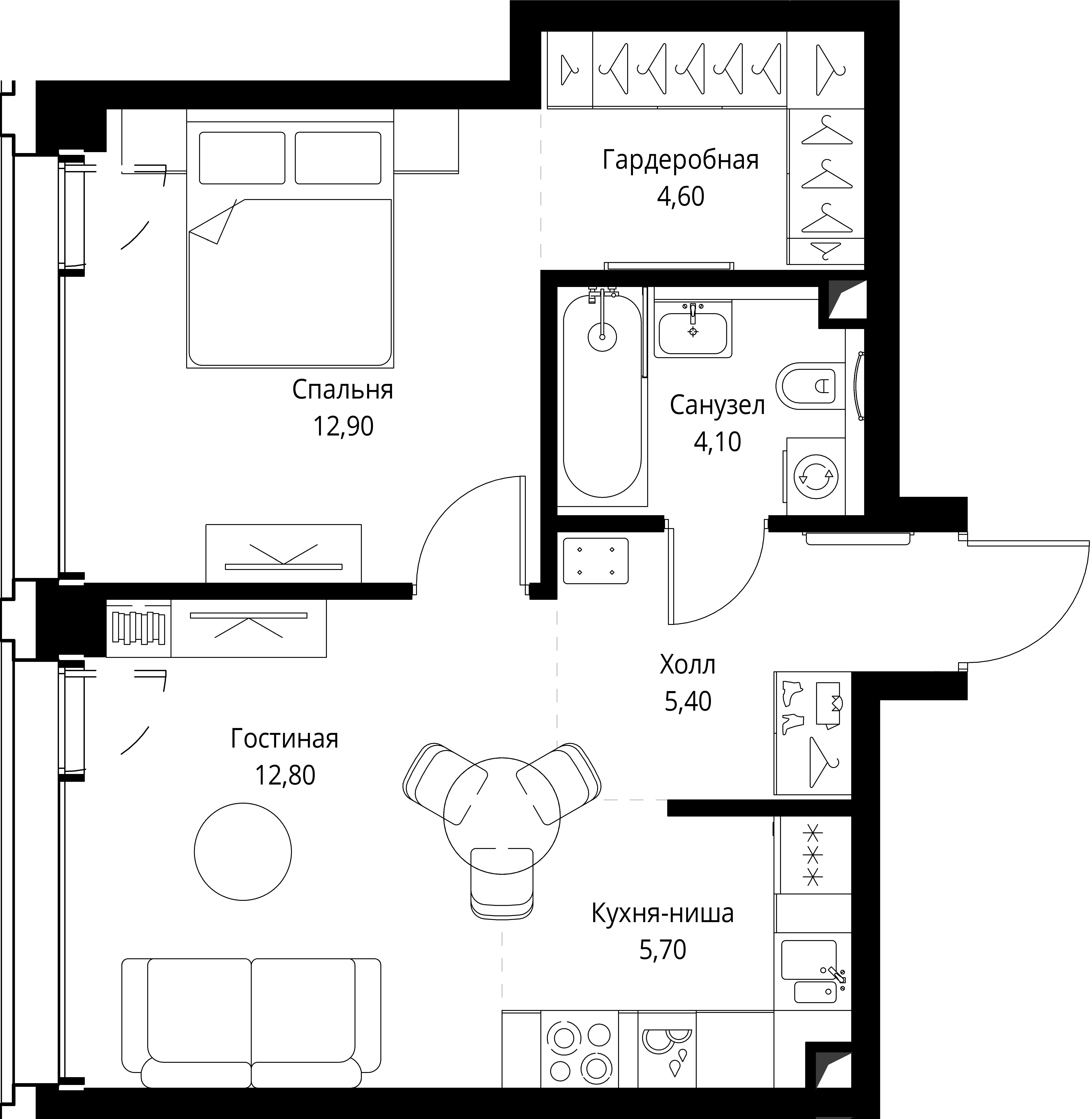 1 комн. квартира, 45.5 м², 4 этаж 