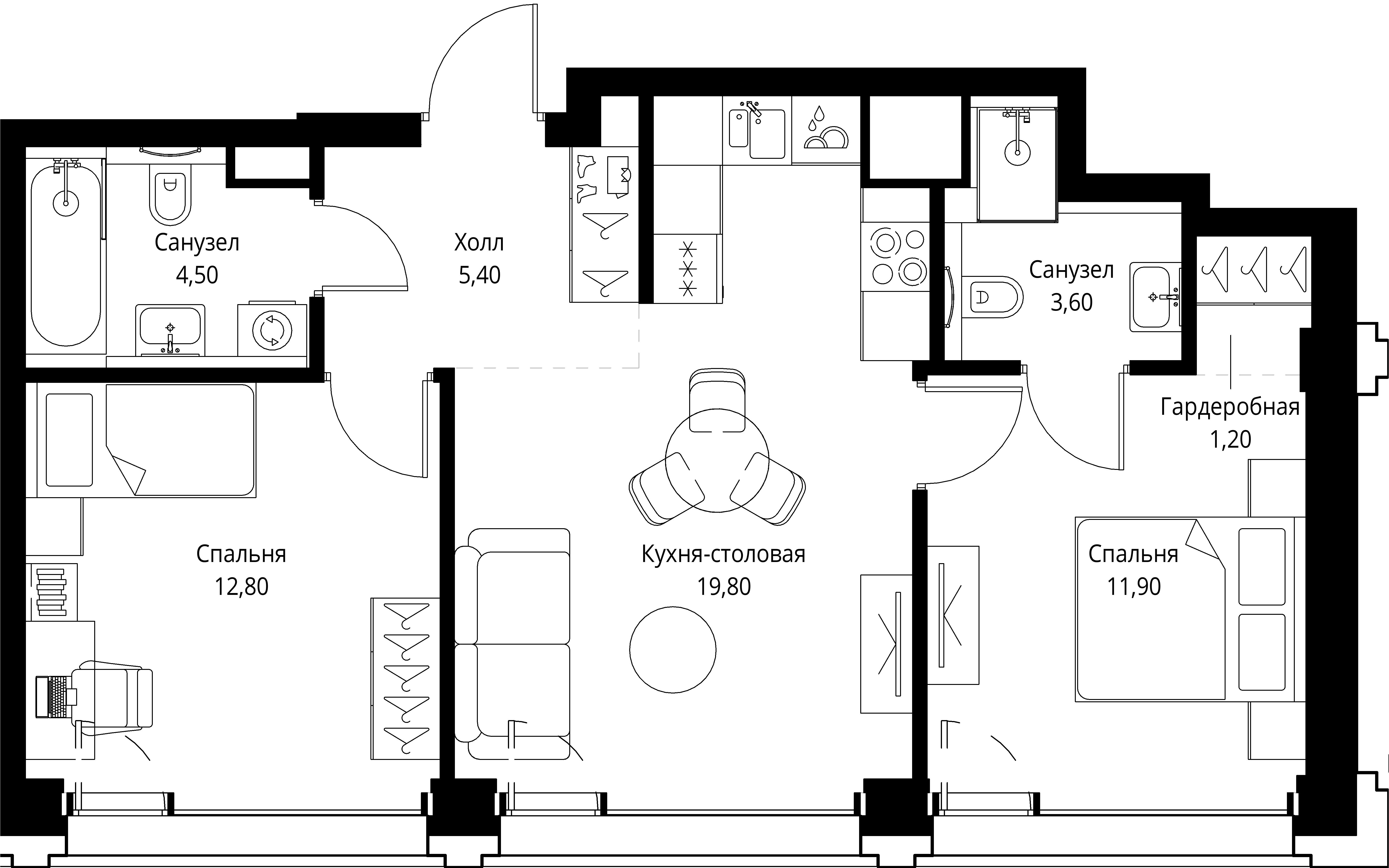 2 комн. квартира, 59.2 м², 2 этаж 