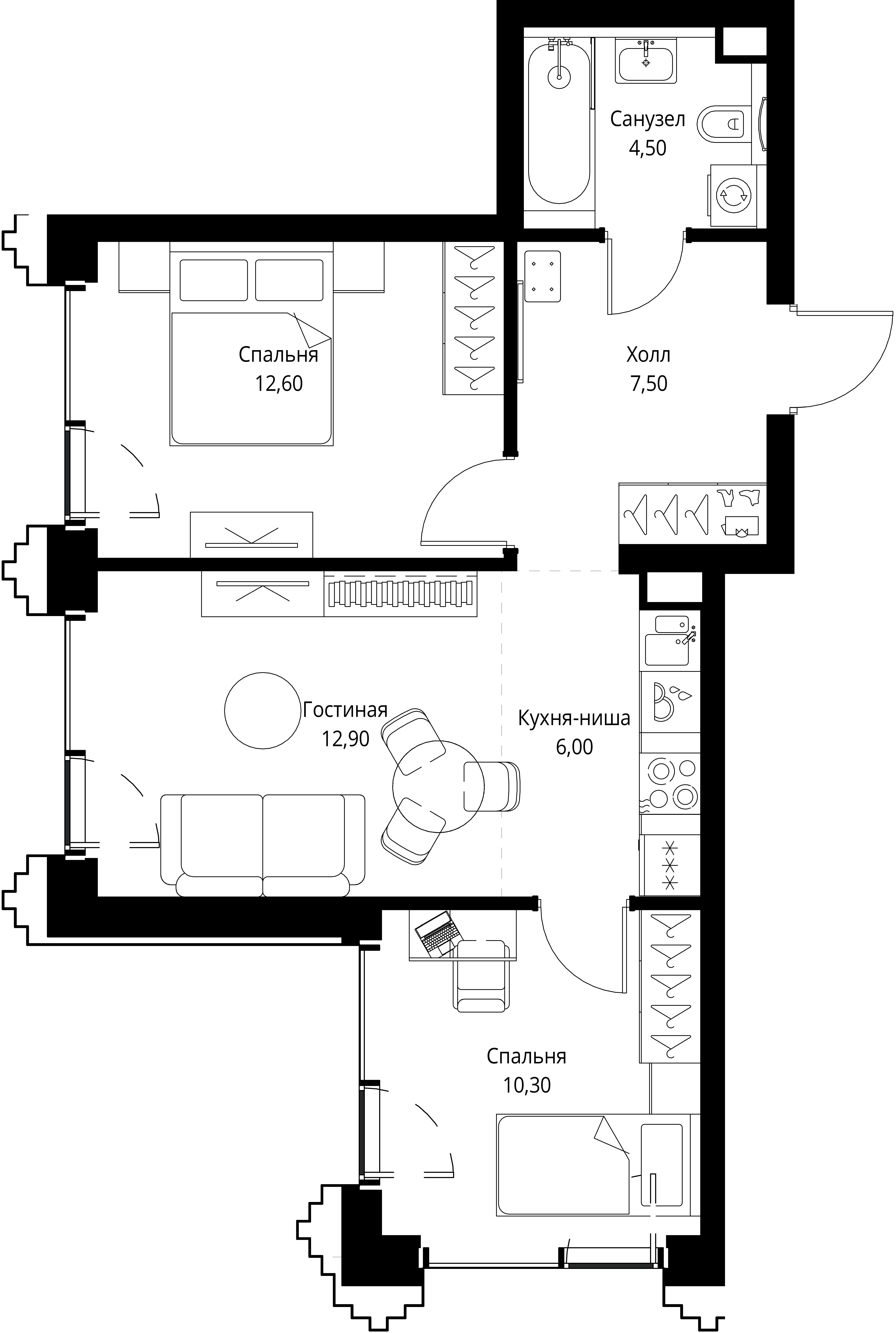 2 комн. квартира, 53.8 м², 38 этаж 