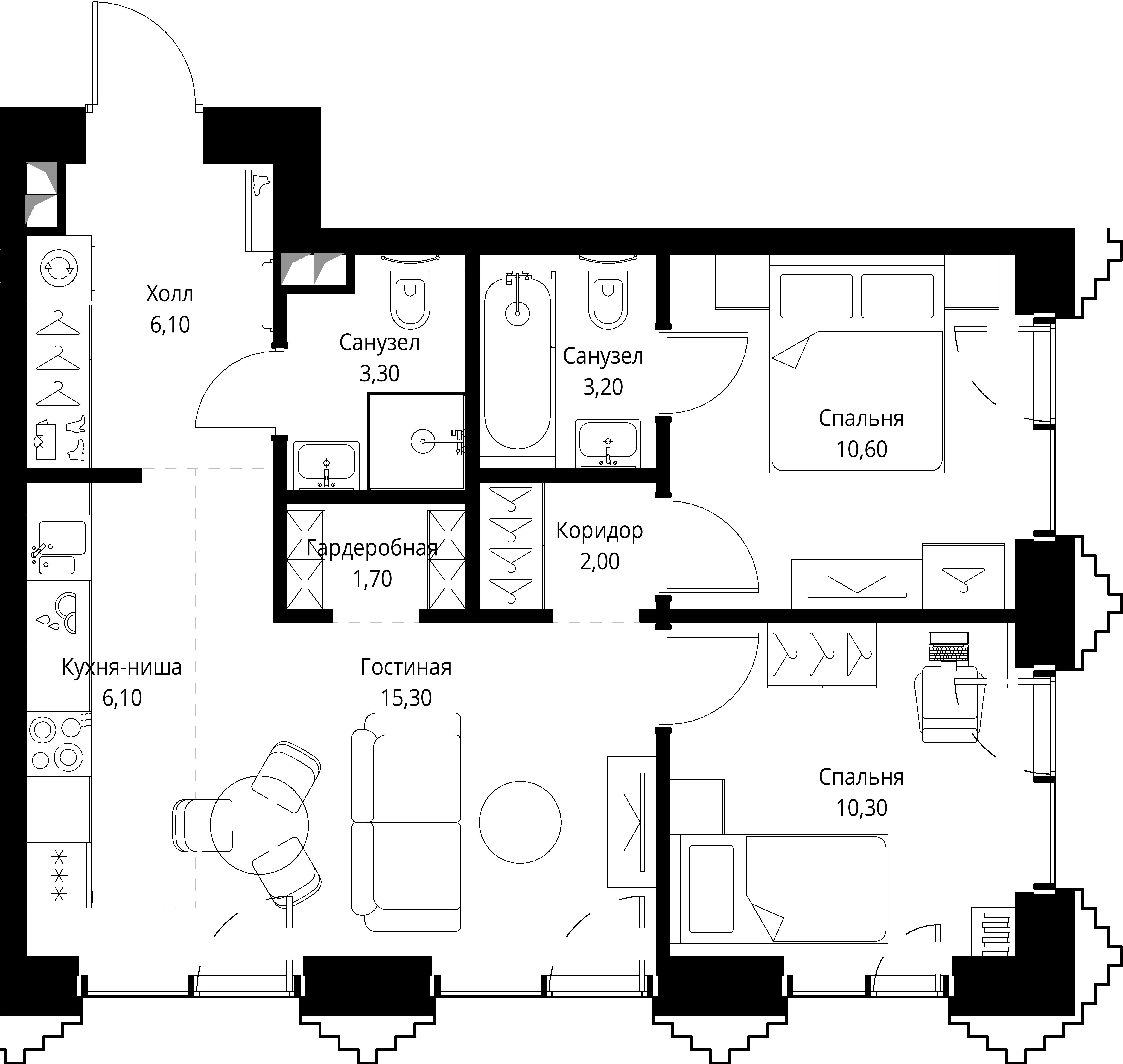 2 комн. квартира, 58.6 м², 2 этаж 