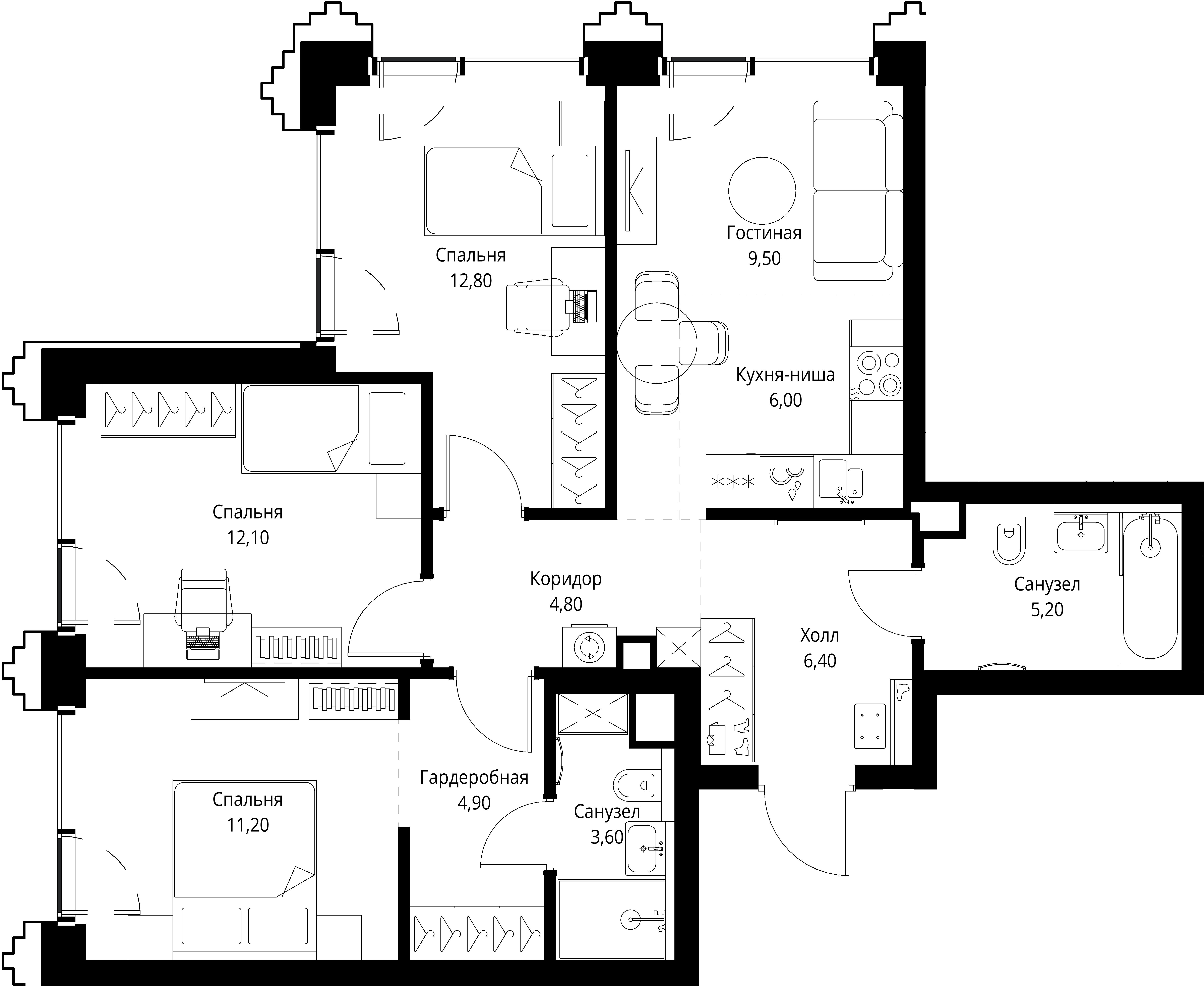 3 комн. квартира, 76.5 м², 38 этаж 