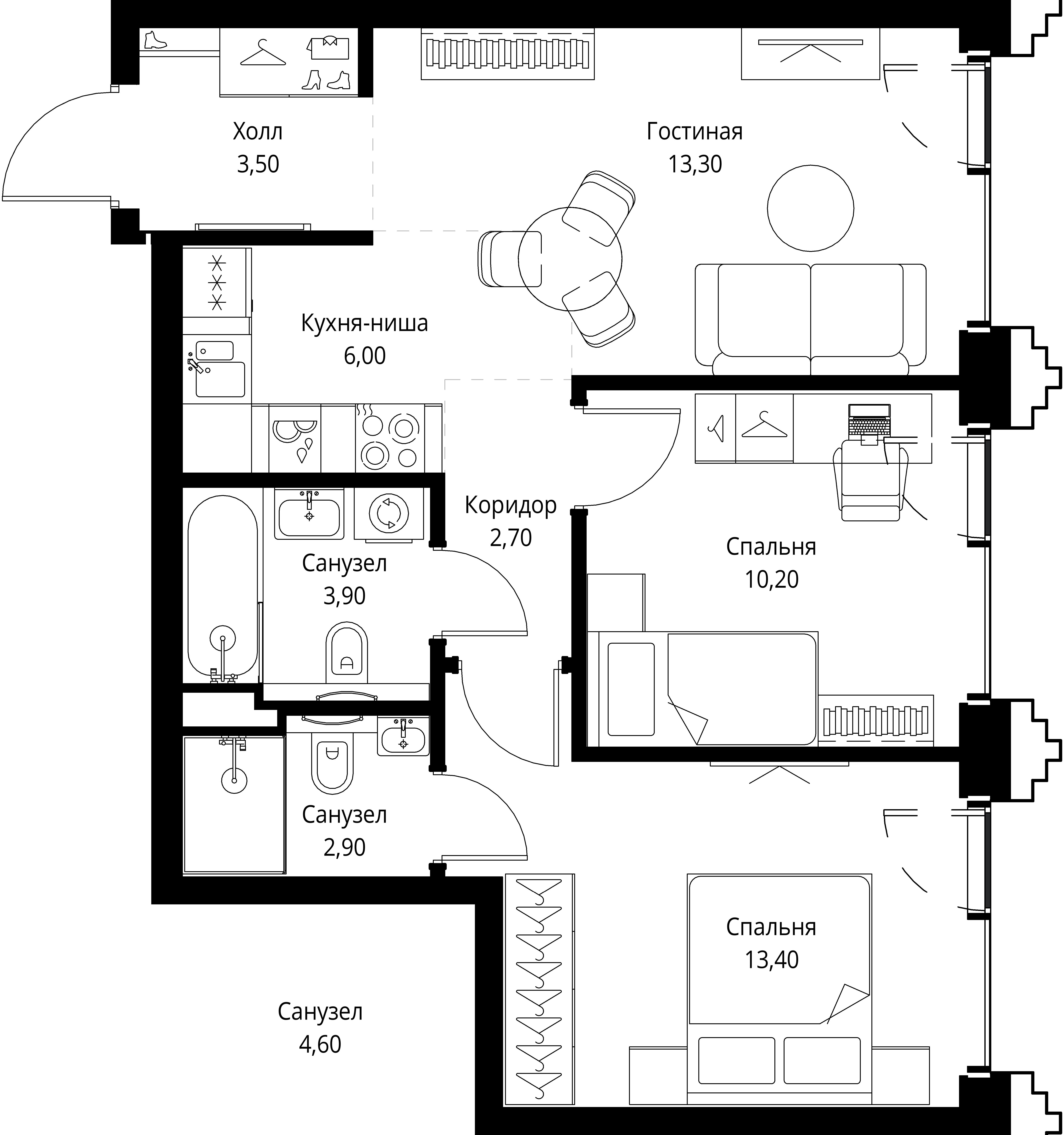 2 комн. квартира, 55.9 м², 41 этаж 