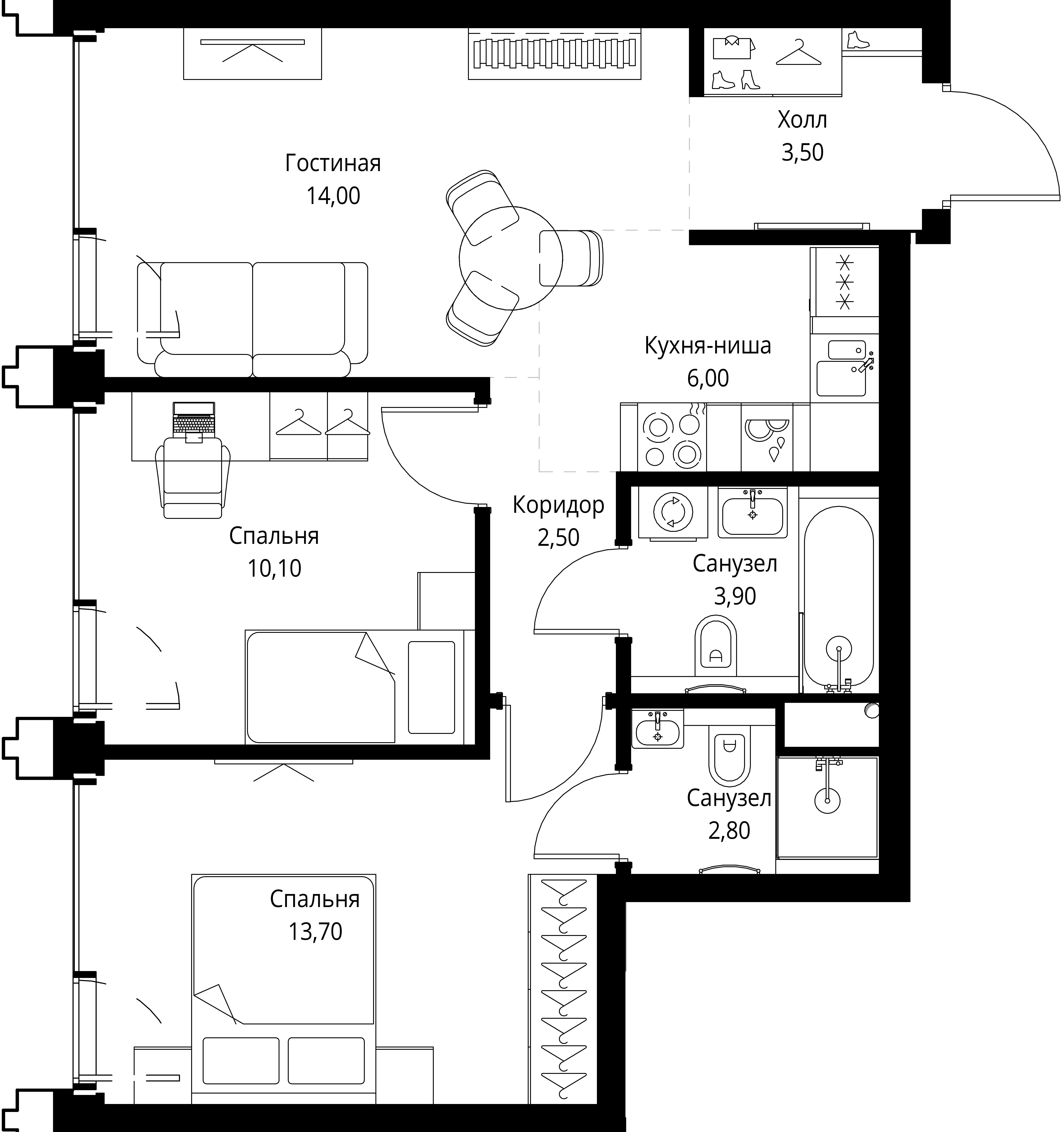 2 комн. квартира, 56.5 м², 59 этаж 