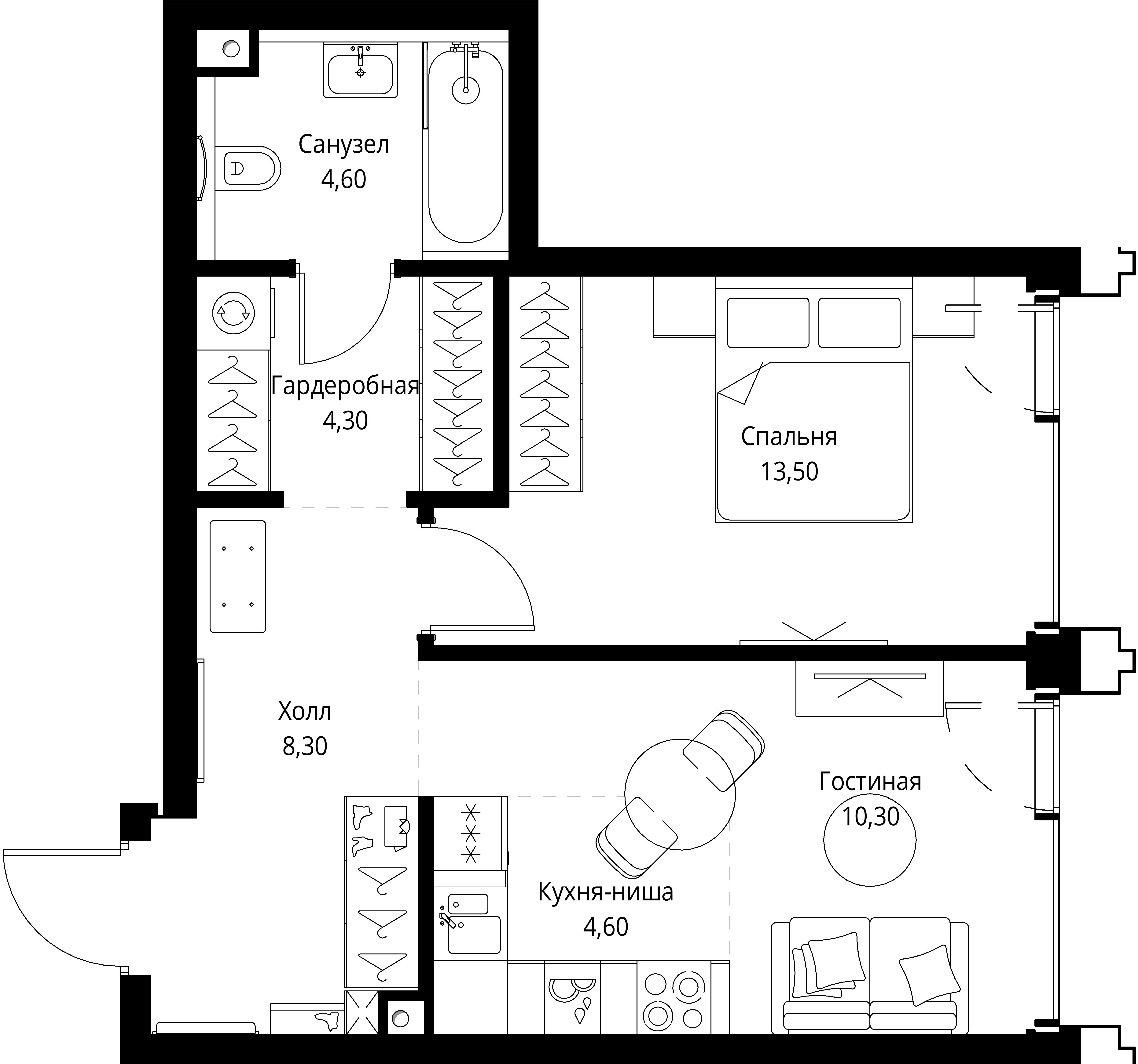 1 комн. квартира, 45.6 м², 59 этаж 