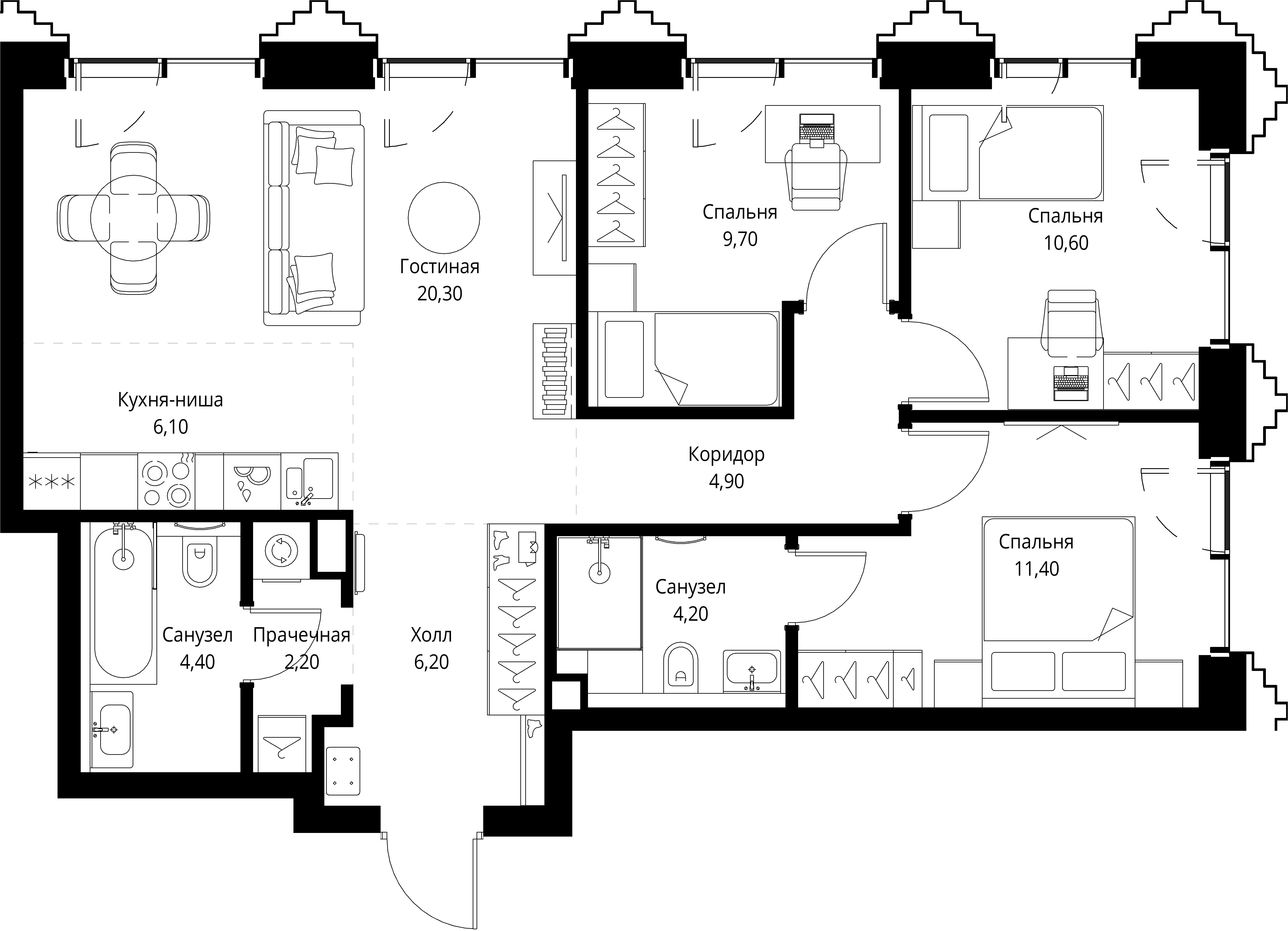 3 комн. квартира, 80 м², 21 этаж 