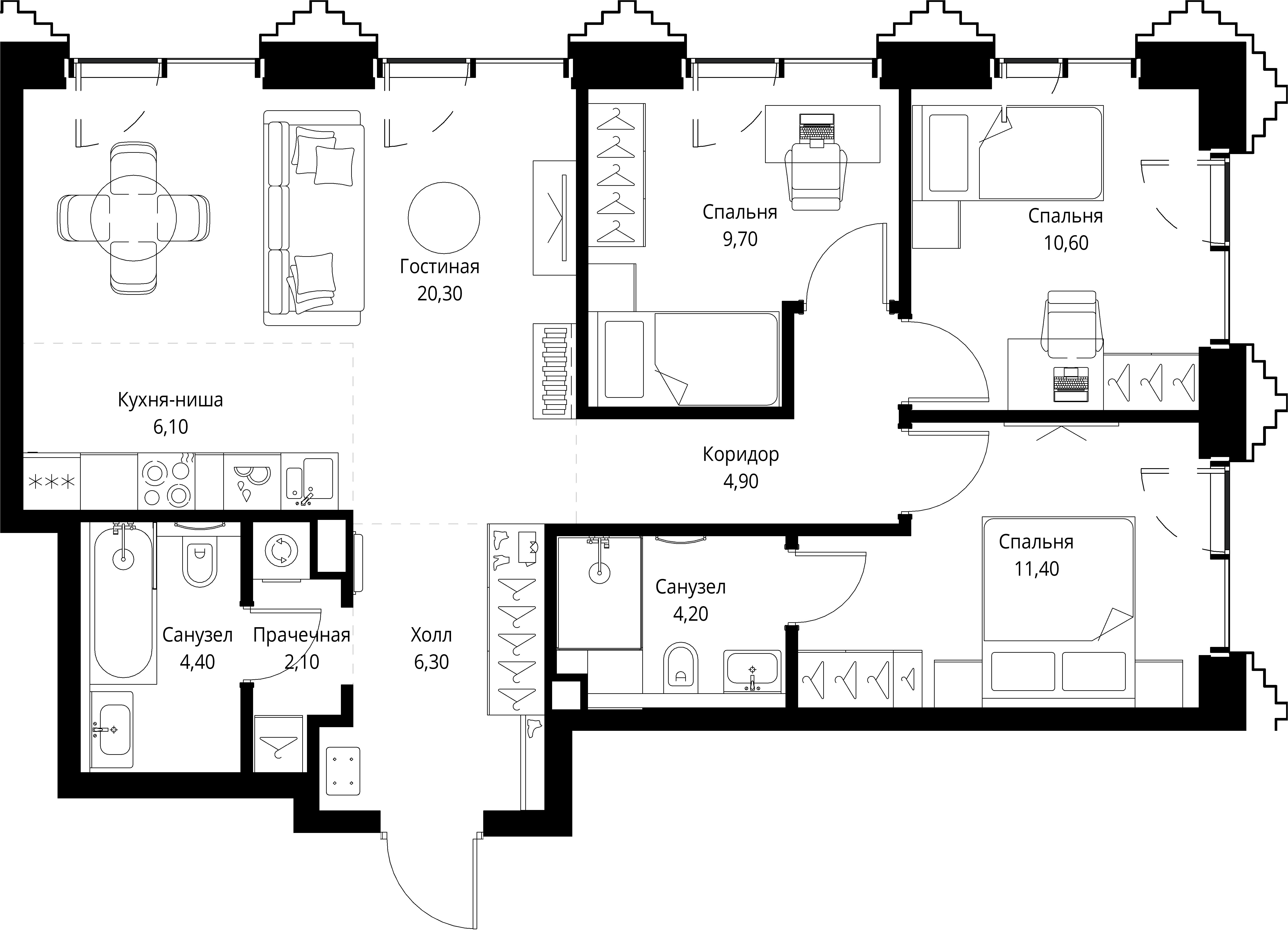 3 комн. квартира, 80 м², 34 этаж 