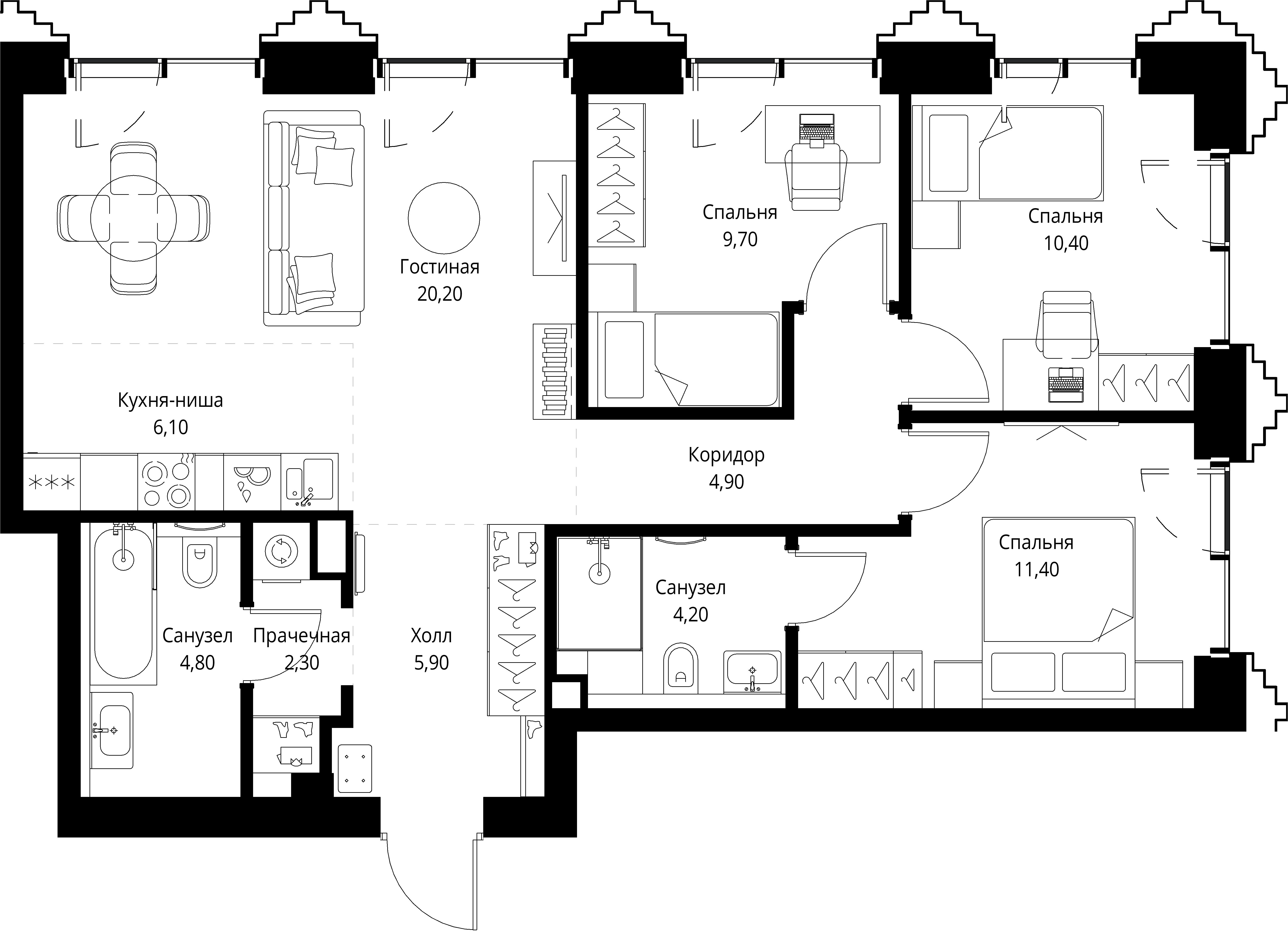 3 комн. квартира, 79.9 м², 18 этаж 