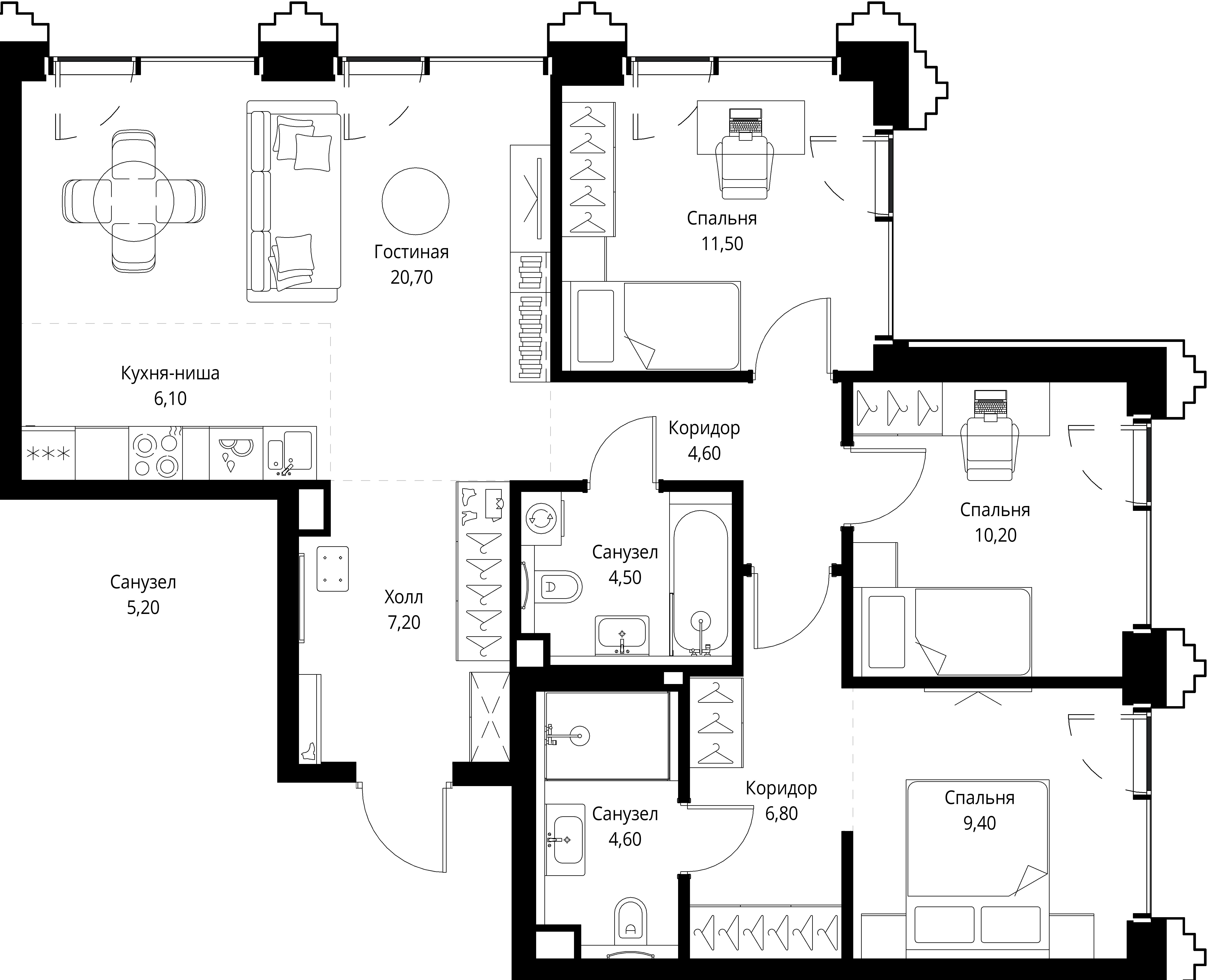 3 комн. квартира, 85.6 м², 41 этаж 