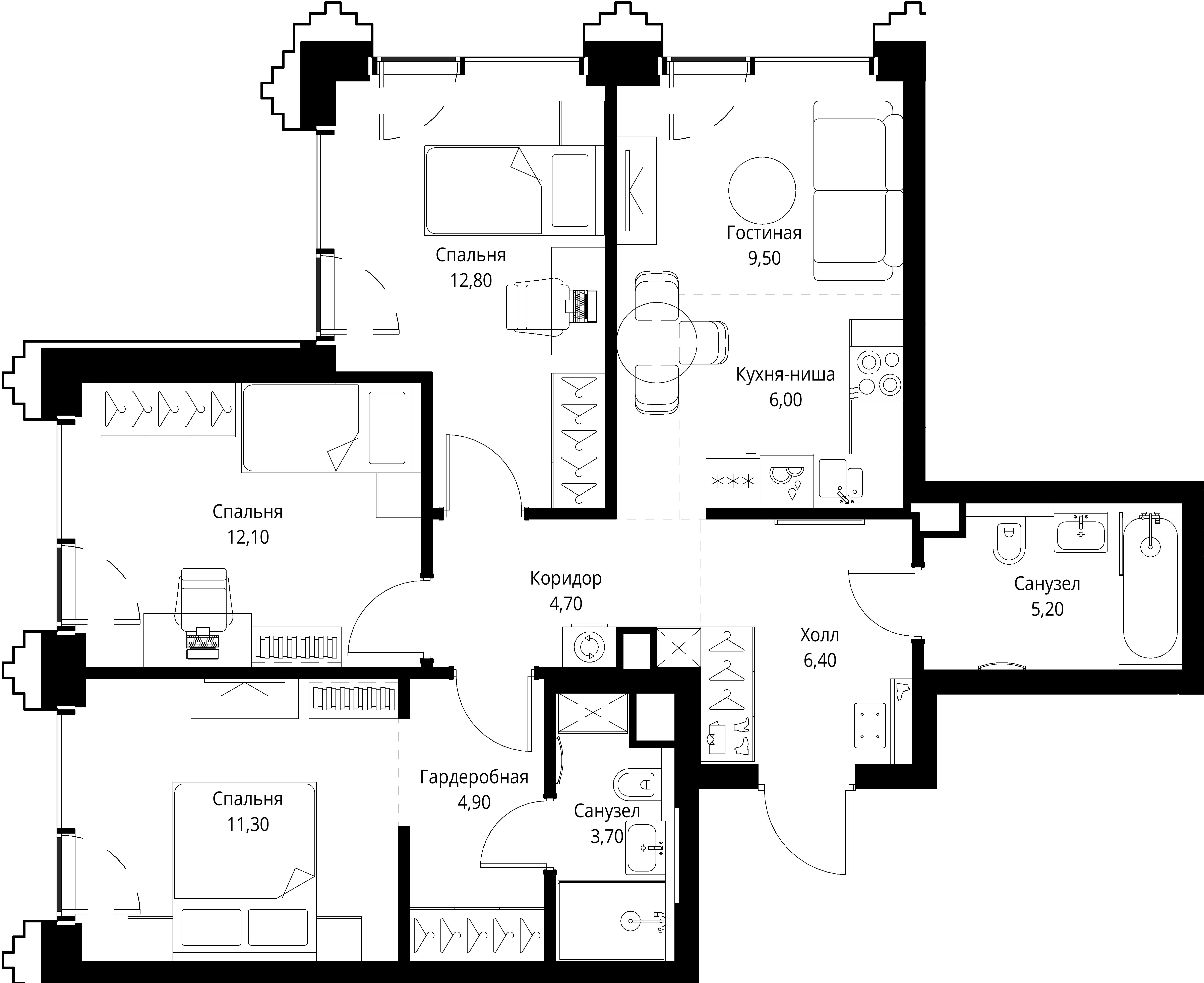 3 комн. квартира, 76.6 м², 47 этаж 